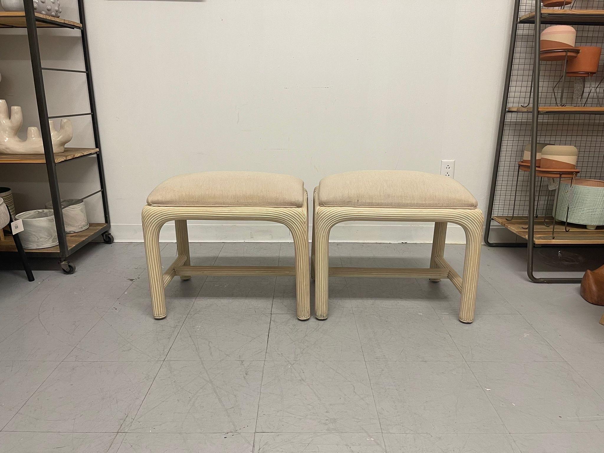 Pair of Stools with Fabric Cushions and Whitewashed Finish. Vintage Condition Consistent with Age as Pictured.

Dimensions. 22 W ; 16 D ; 18 1/2 H