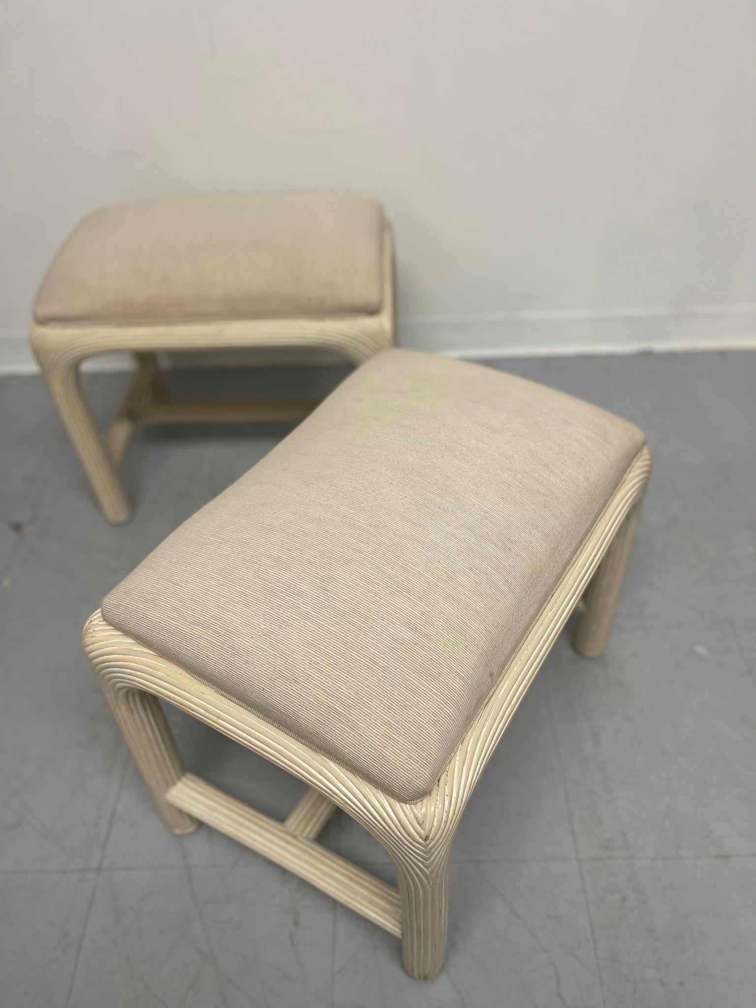 Mid-Century Modern Pair of Postmodern Pencil Reed Low Stools by American Drew. For Sale