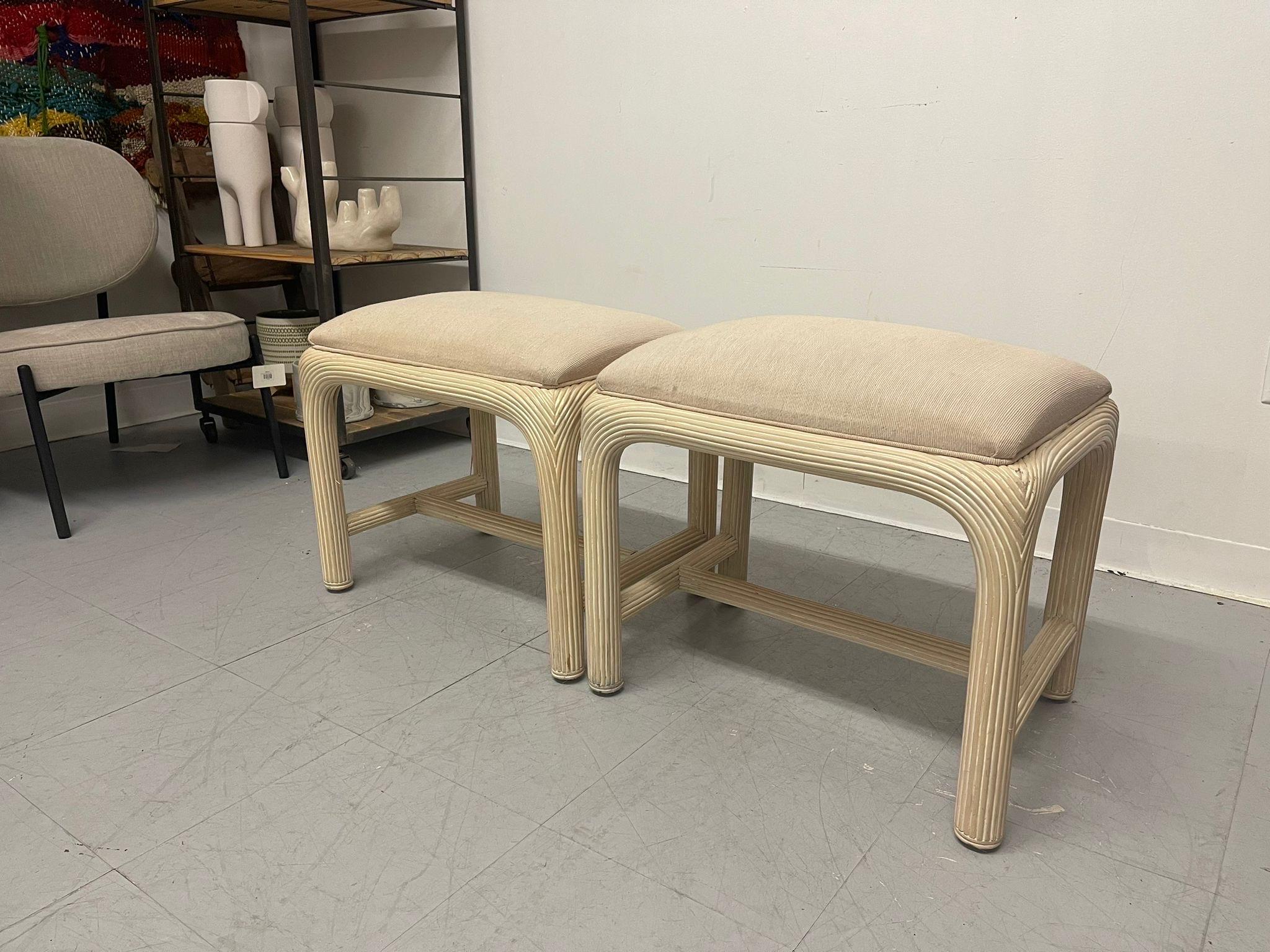 Pair of Postmodern Pencil Reed Low Stools by American Drew. In Good Condition For Sale In Seattle, WA