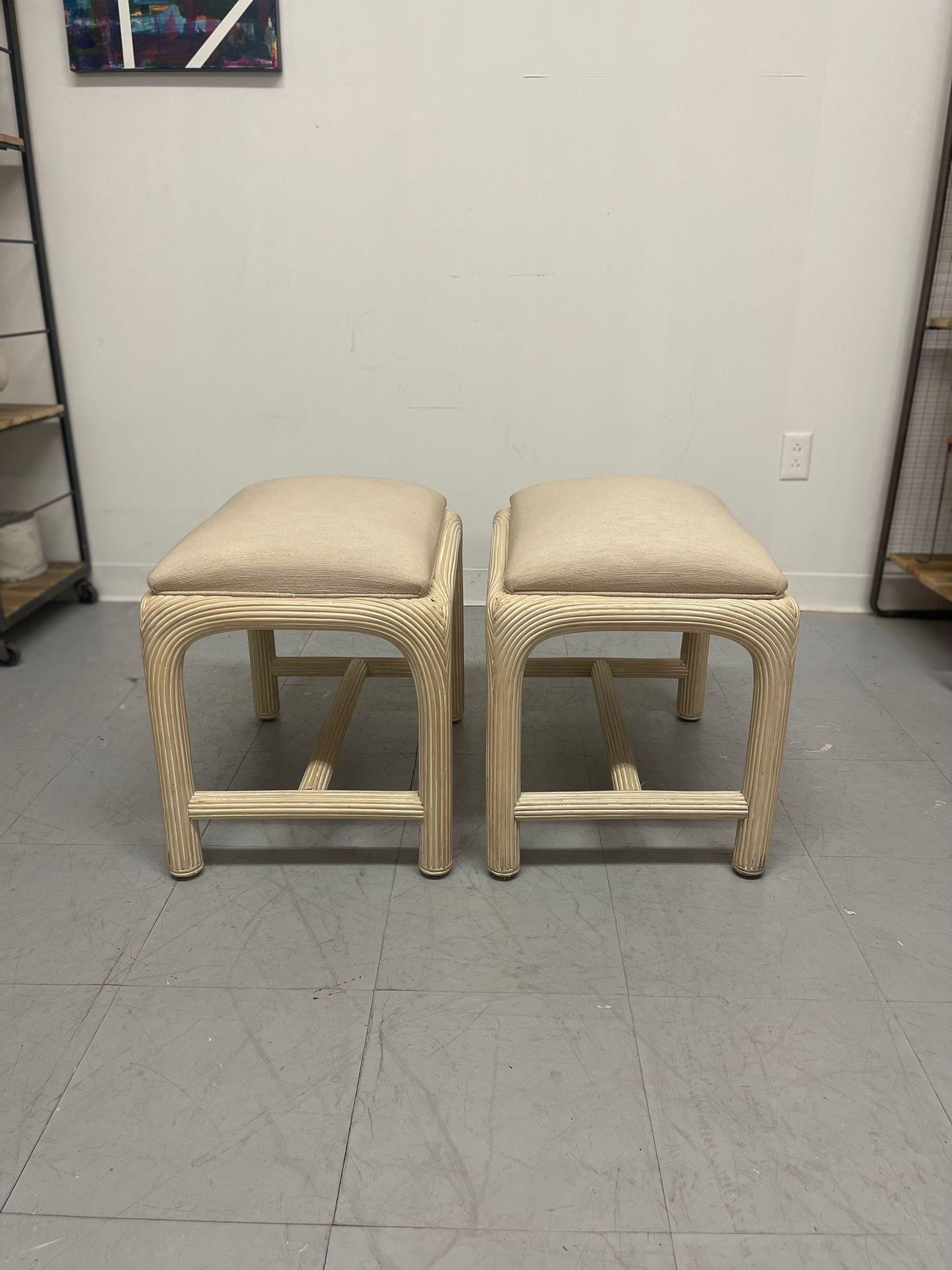 Late 20th Century Pair of Postmodern Pencil Reed Low Stools by American Drew. For Sale
