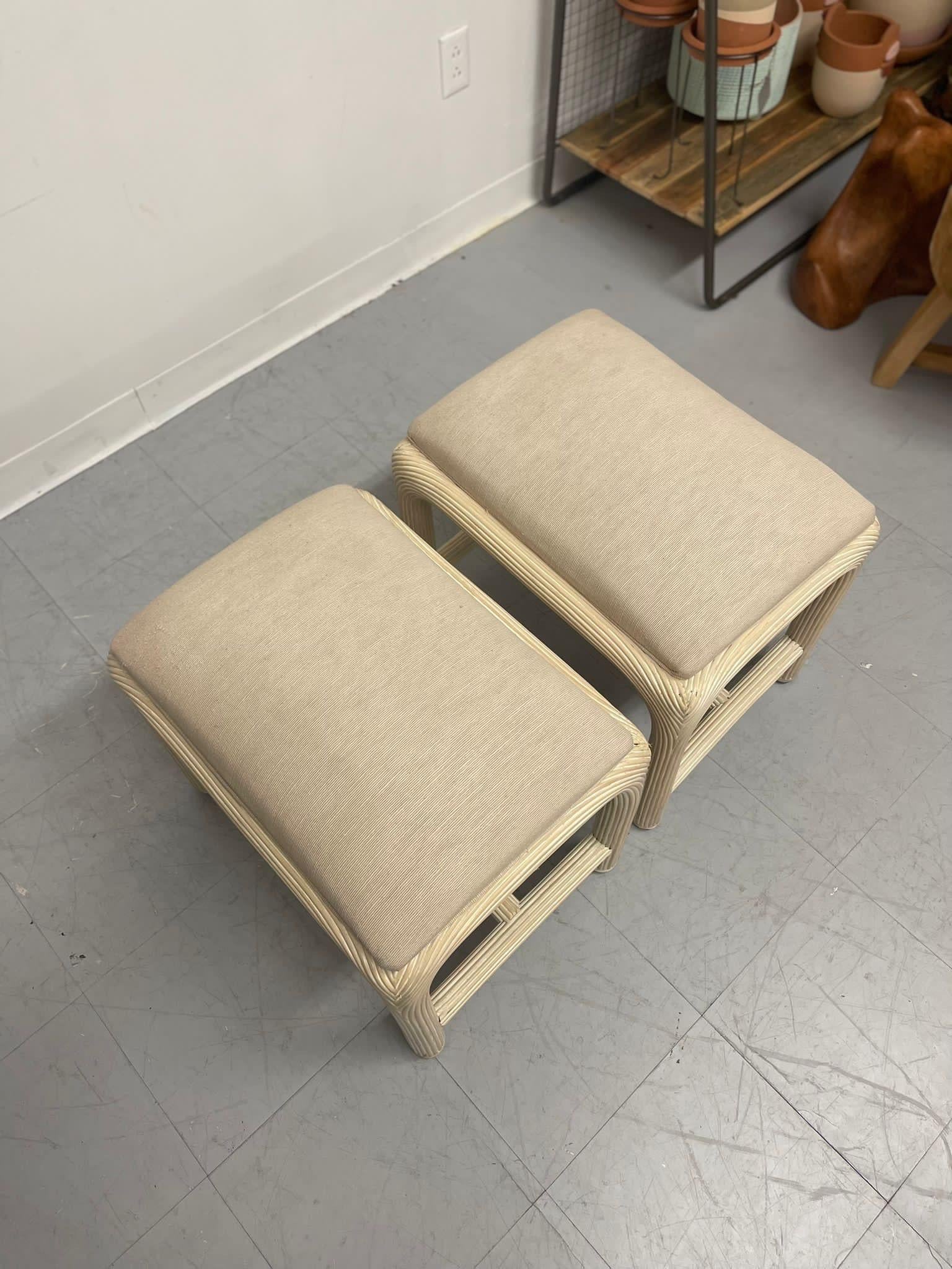 Fabric Pair of Postmodern Pencil Reed Low Stools by American Drew. For Sale
