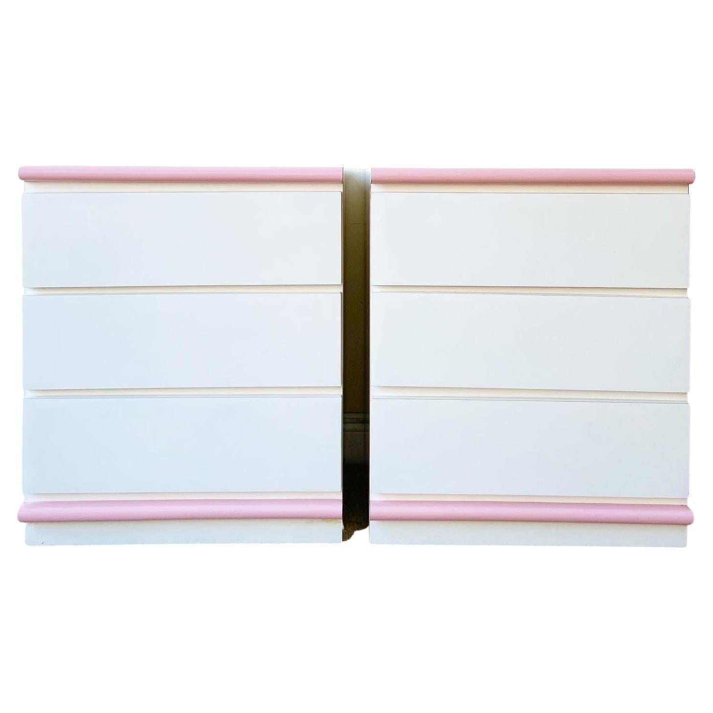 Pair of Postmodern Pink and White Lacquer Laminate Nightstands, 1980s