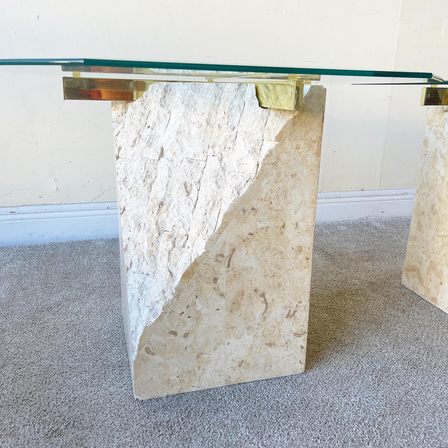 Philippine Pair of Postmodern Polished Tessellated Stone Glass Top Side Tables