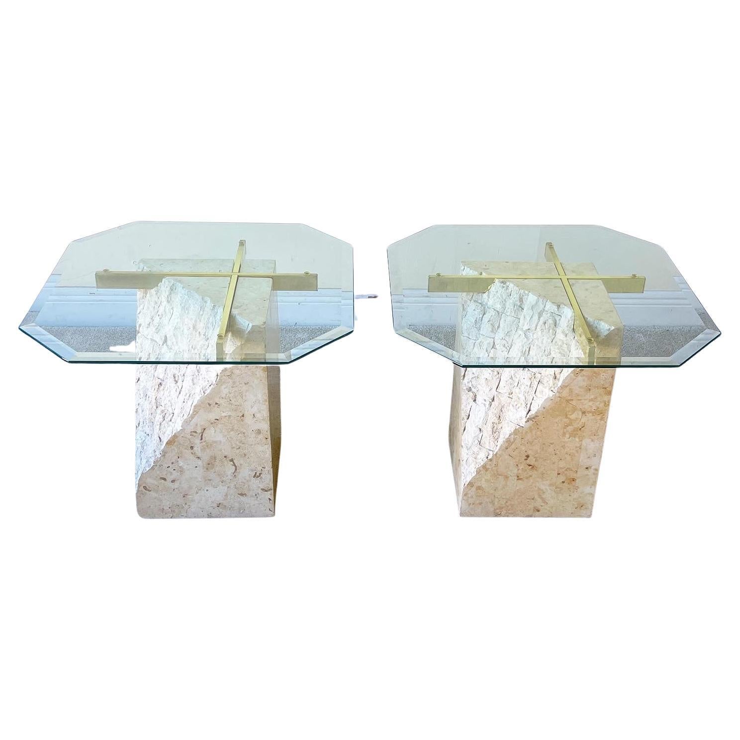 Pair of Postmodern Polished Tessellated Stone Glass Top Side Tables