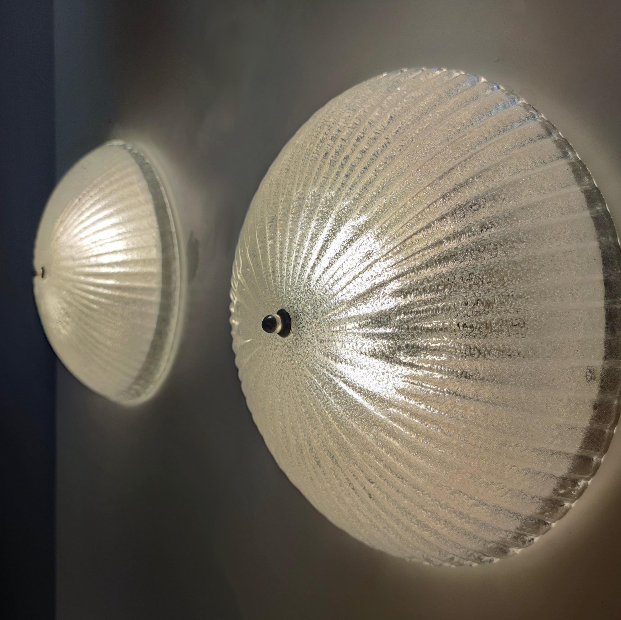 Metal Pair of Postmodern Round Murano Glass Ceiling Lights or Sconces, Italy For Sale