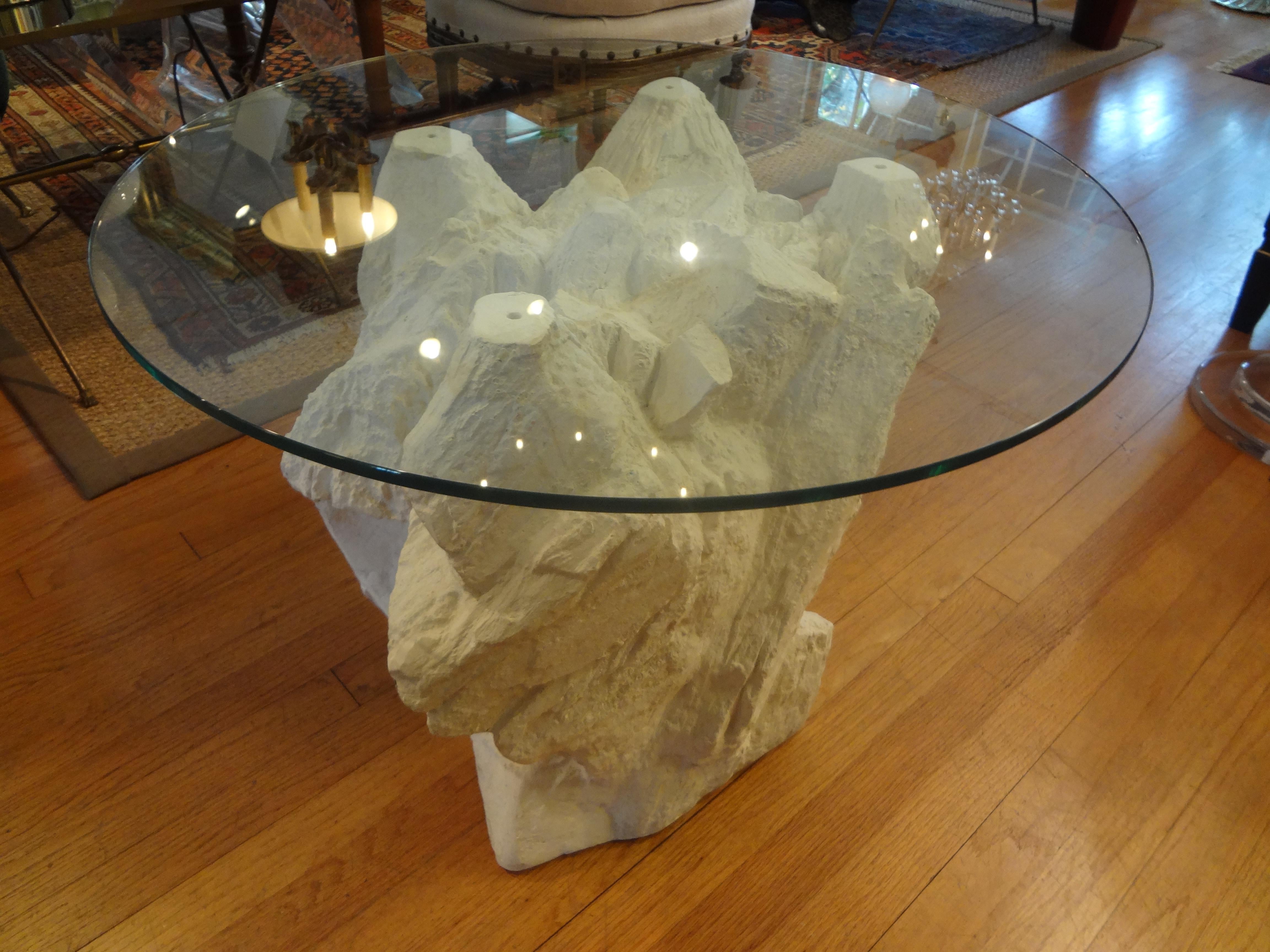 Glass Pair of Postmodern Serge Roche Inspired Faux Stone Plaster Tables For Sale