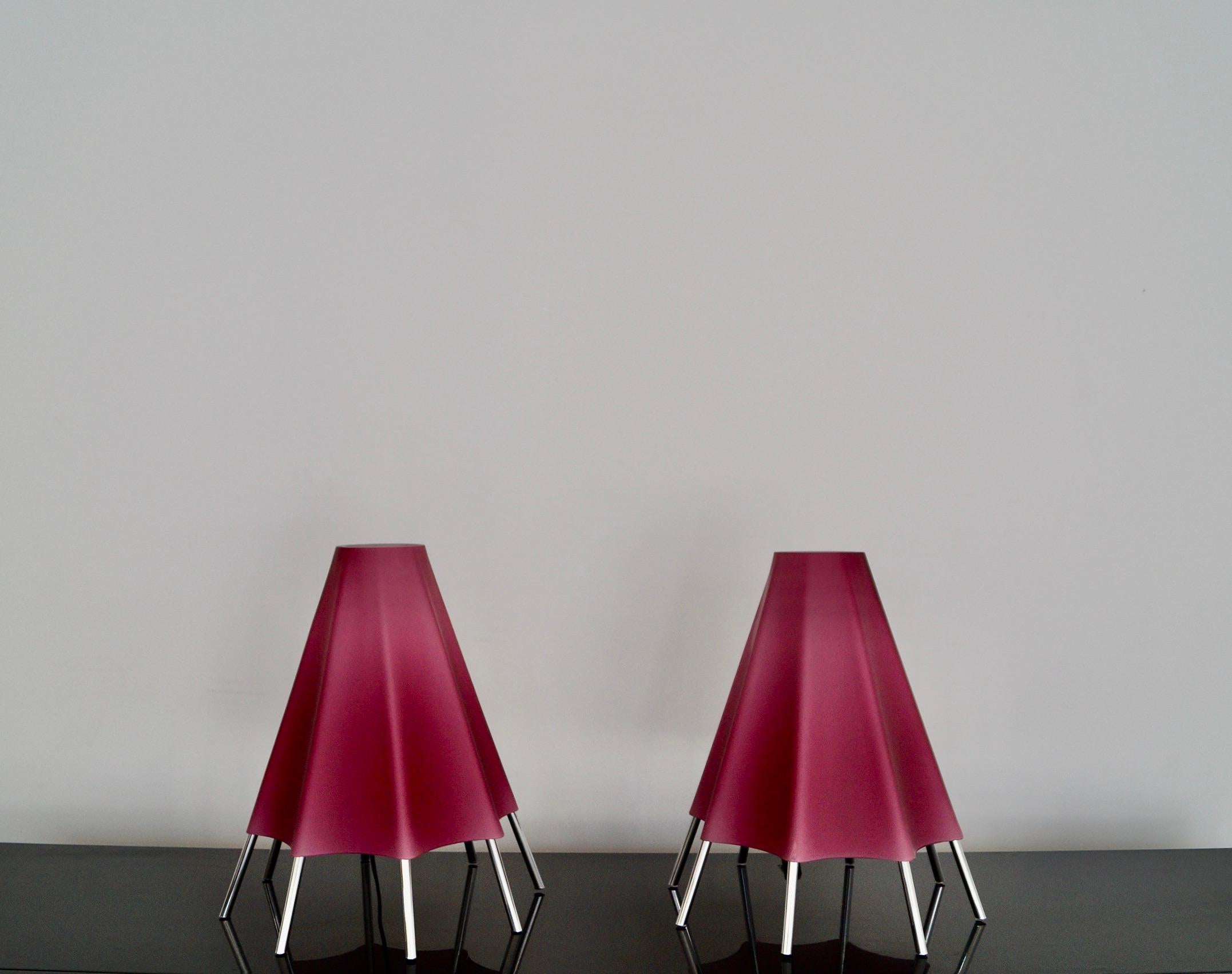 American Pair of Postmodern Shiro Kuramata Style Art Glass & Chrome Table Lamps For Sale