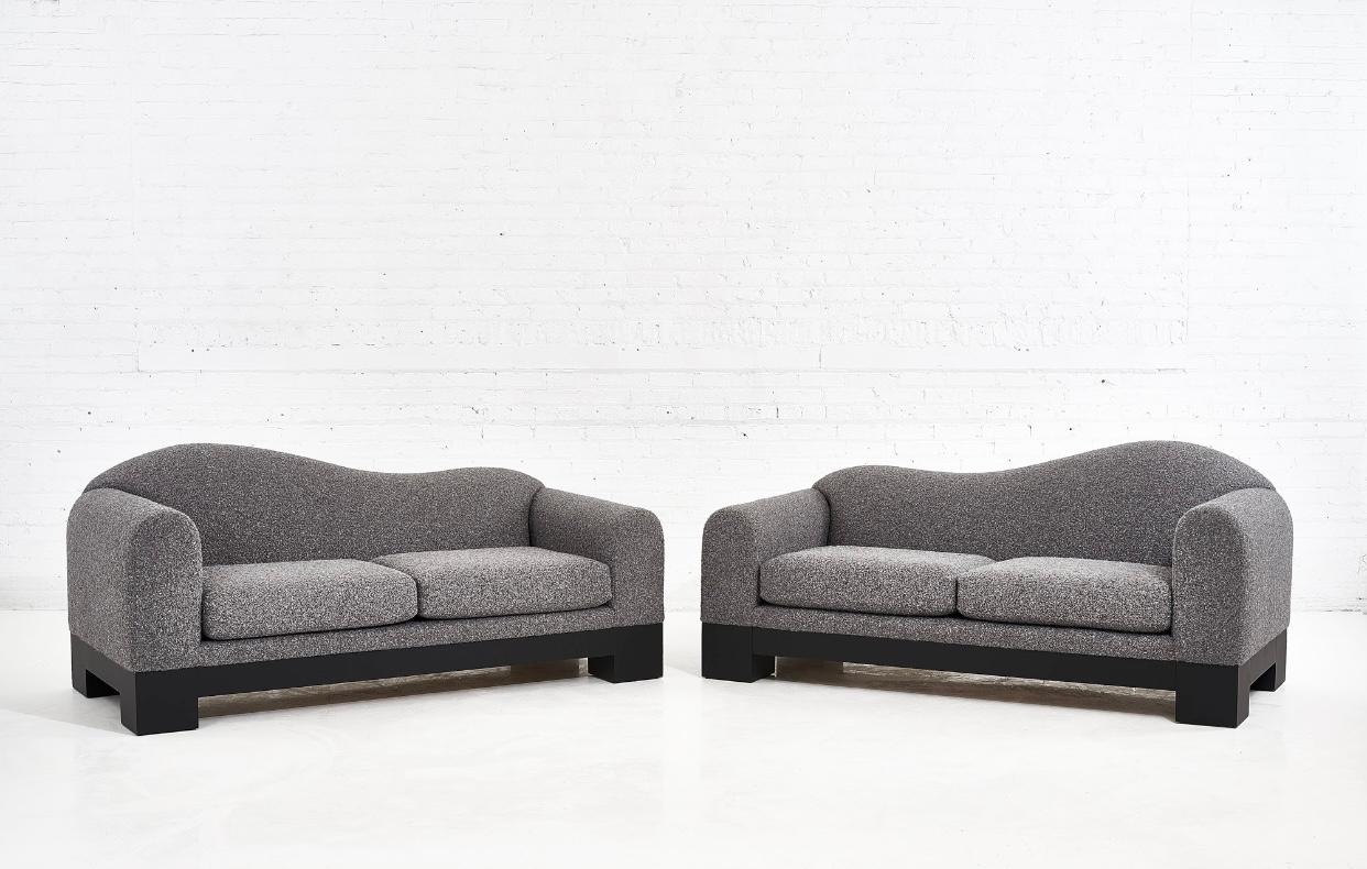 Directional furniture model 4760L & 4760R sofas. Opposite swooping backs with big chunky bases. Newly upholstered.