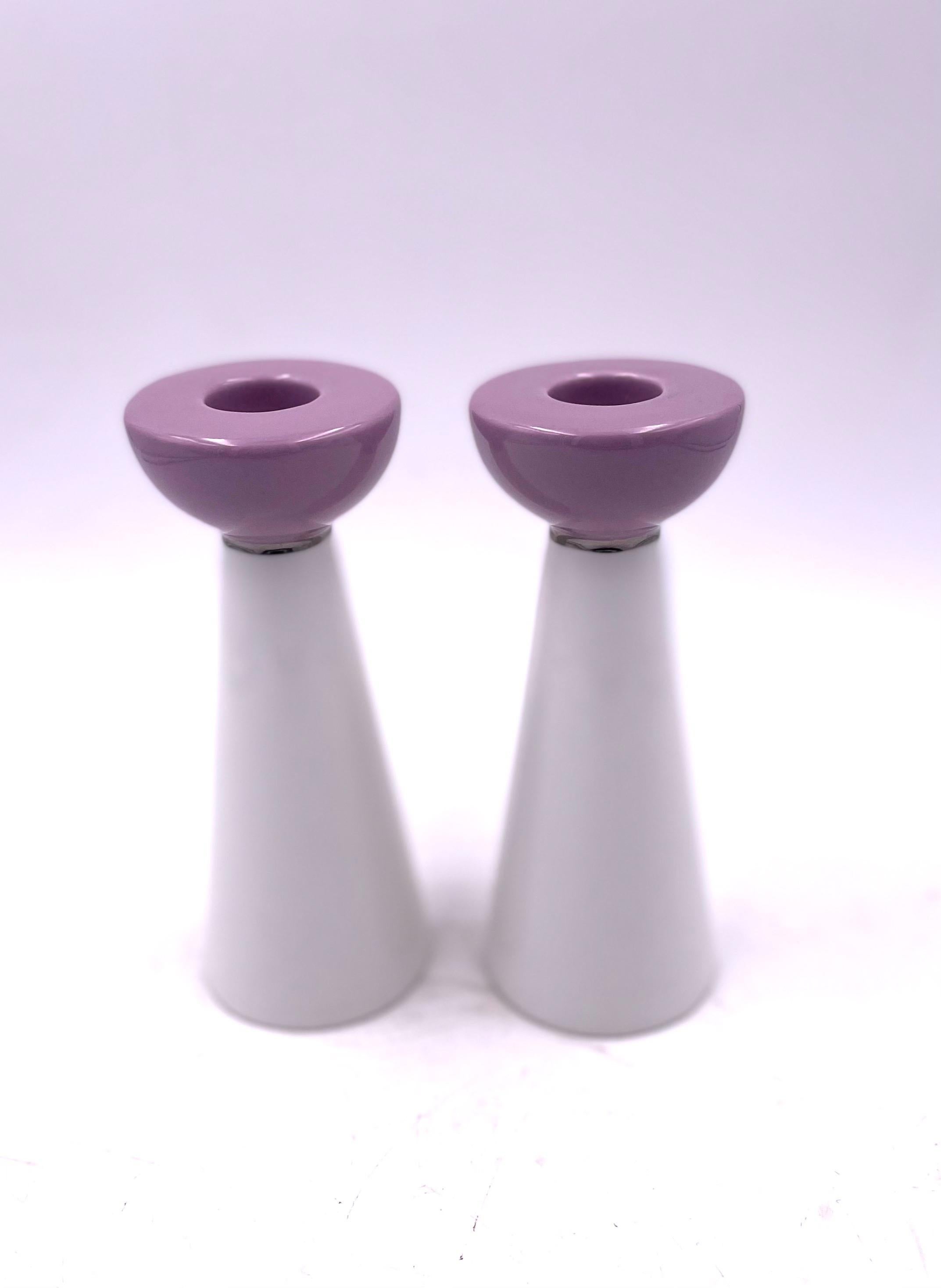 Pair of porcelain postmodern style candle holders, beautiful colors with silver edge accent by Kate Spade for Lenox.