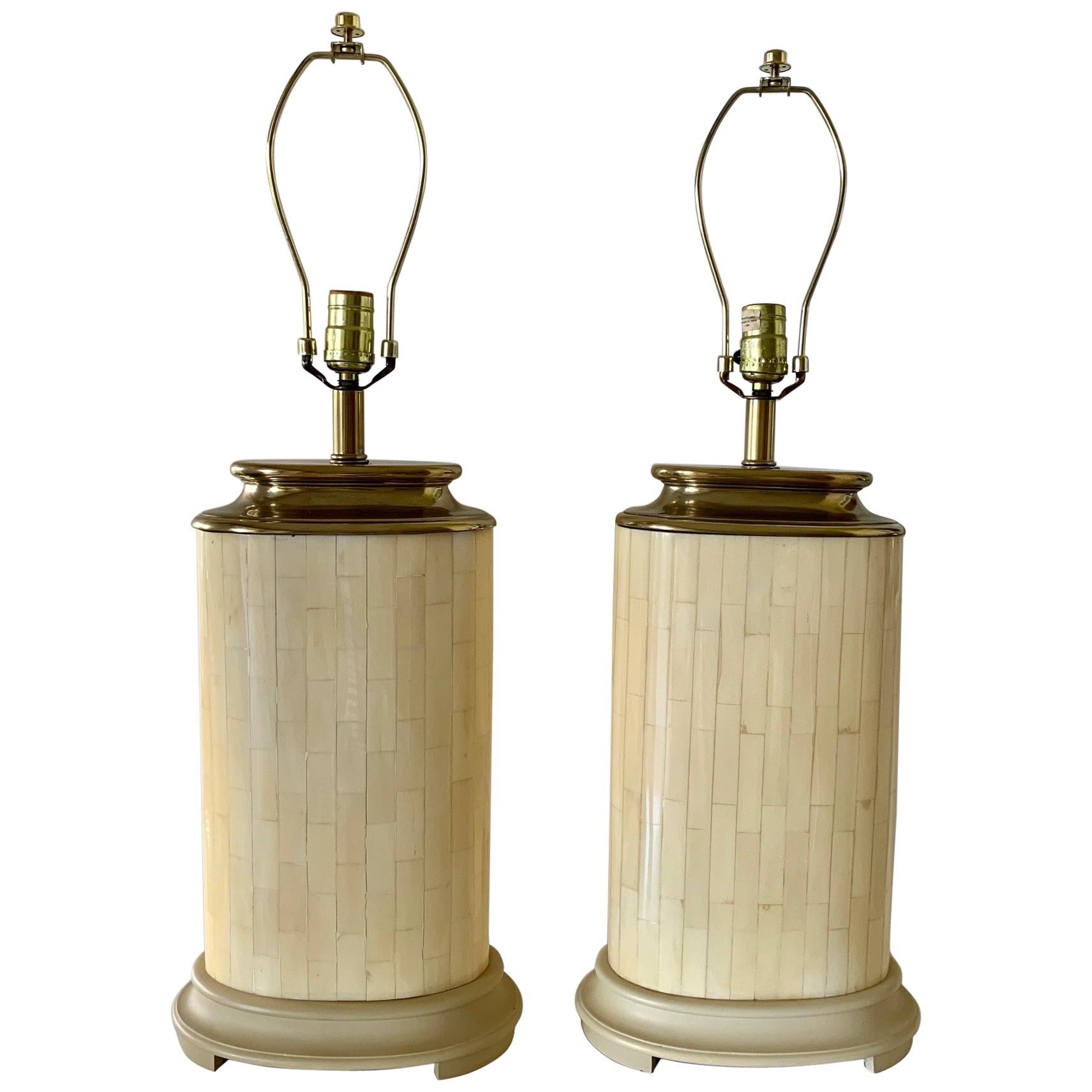 Pair of Postmodern Tessellated Bone Table Lamps   For Sale