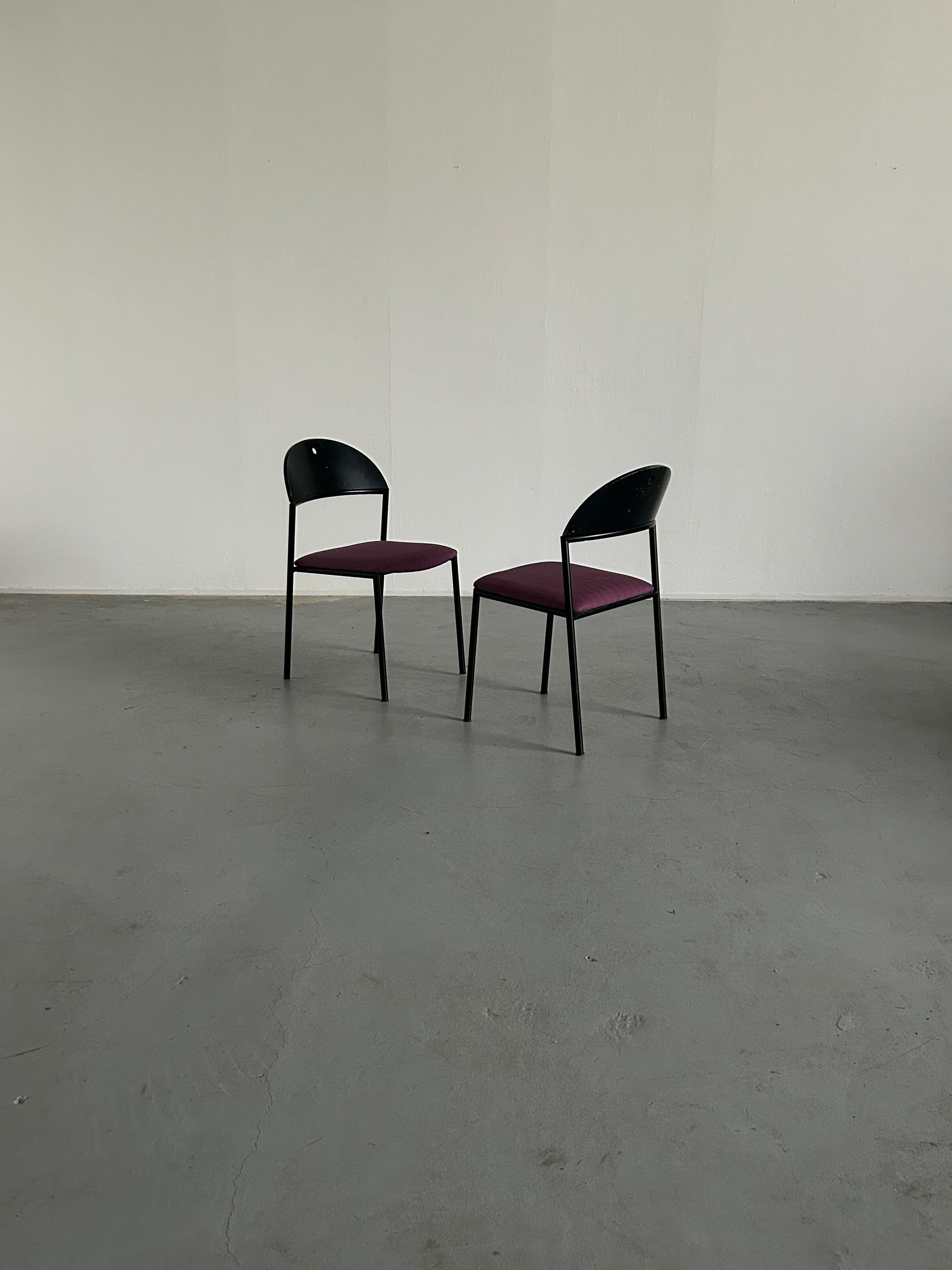 Memphis style postmodernist dining or visitor armchairs produced by the popular Austrian furniture company Wiesner Hager, during the 1990s.
A quality and sturdy production.
New striped purple upholstery.

In good vintage condition with expected