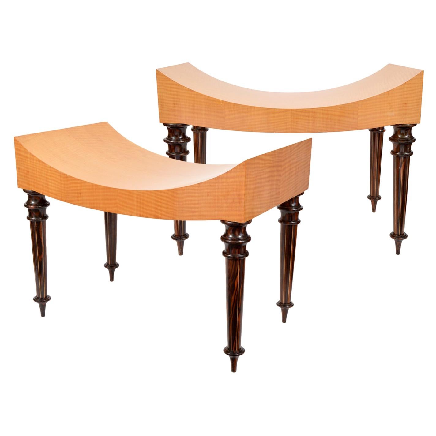 Pair of Postmodern Tiger Maple Benches on Inlaid Rosewood Legs by Todd Granzow