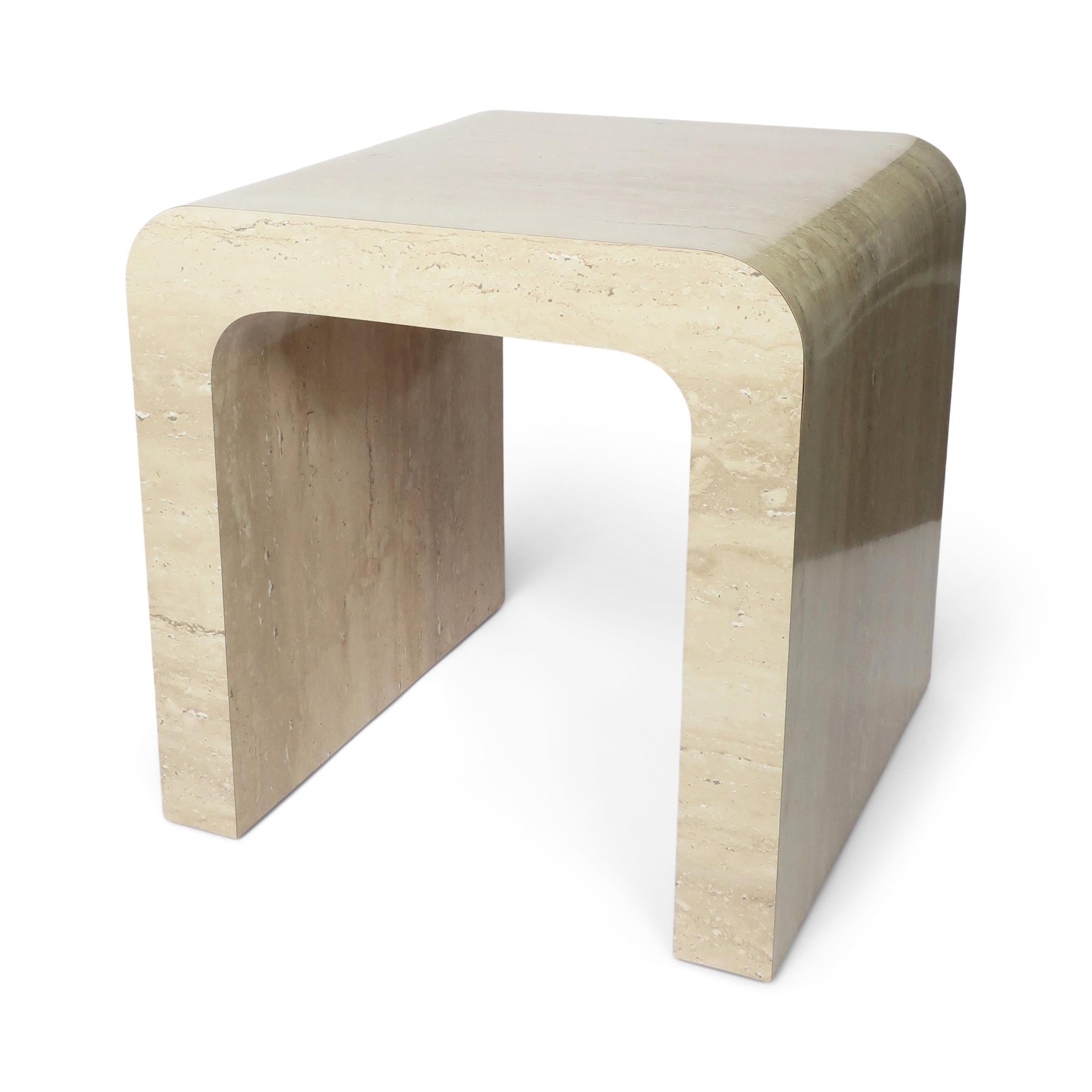 Pair of Postmodern Travertine Laminate Waterfall Side Tables In Good Condition In Brooklyn, NY
