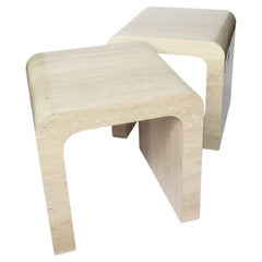 Pair of Postmodern Travertine Laminate Waterfall Side Tables