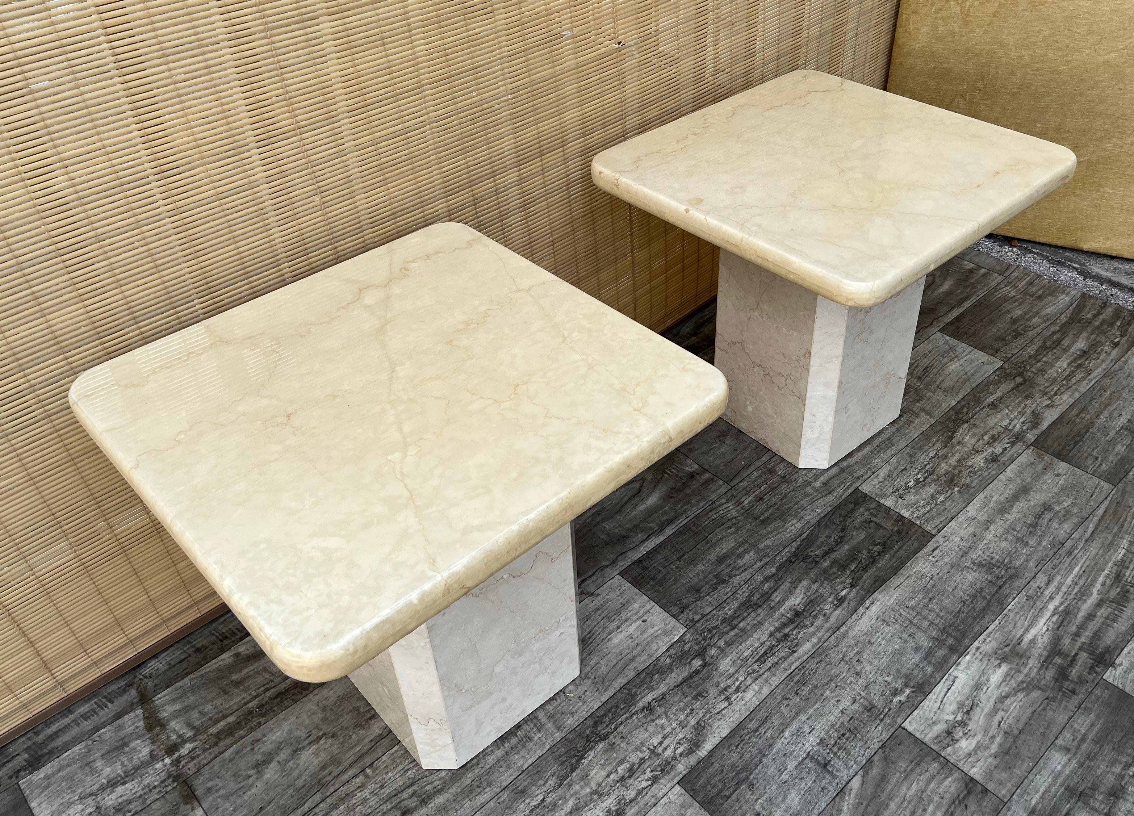 Post-Modern Pair of Postmodern Two Tones Italian Marble End Tables. Circa 1980s  For Sale