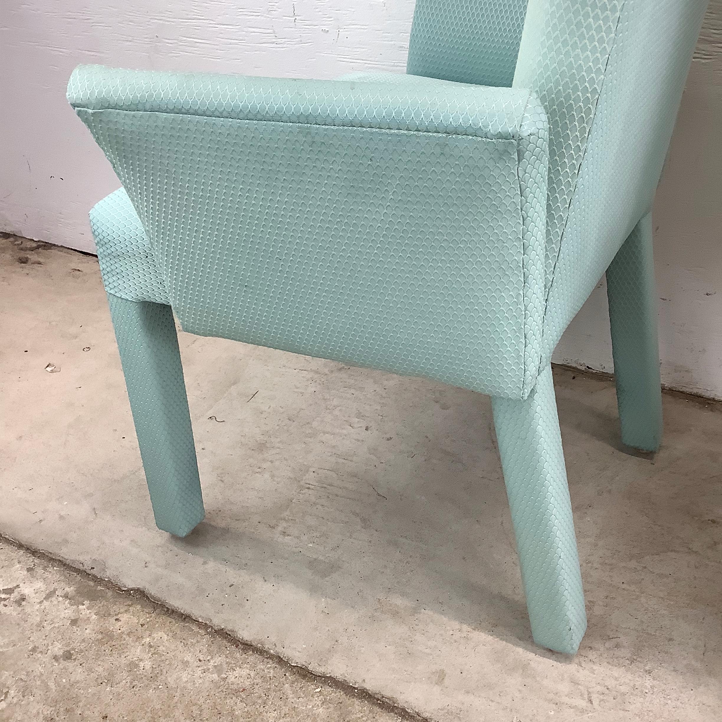 Pair of Postmodern Upholstered Armchairs in Aqua For Sale 11