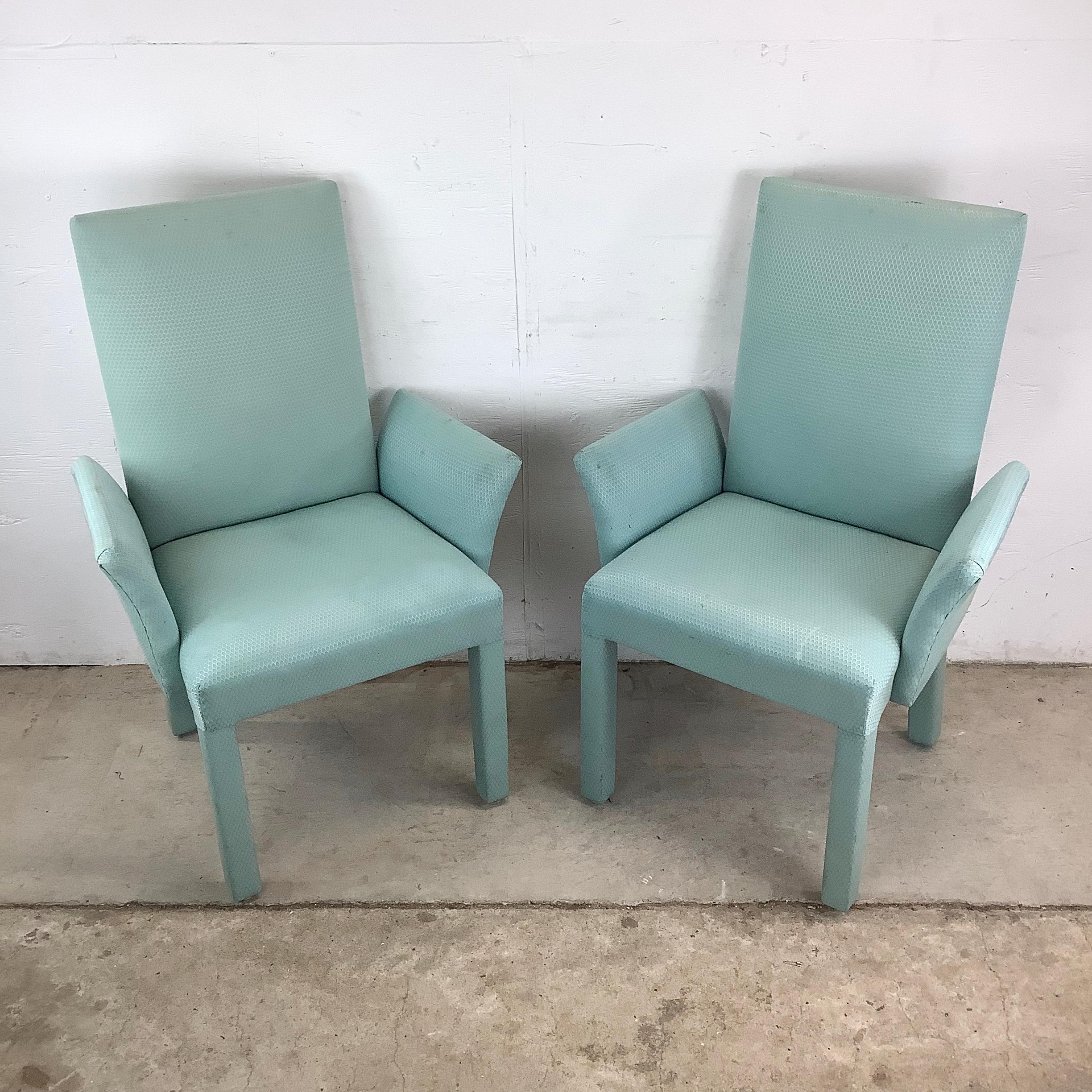 Unknown Pair of Postmodern Upholstered Armchairs in Aqua For Sale