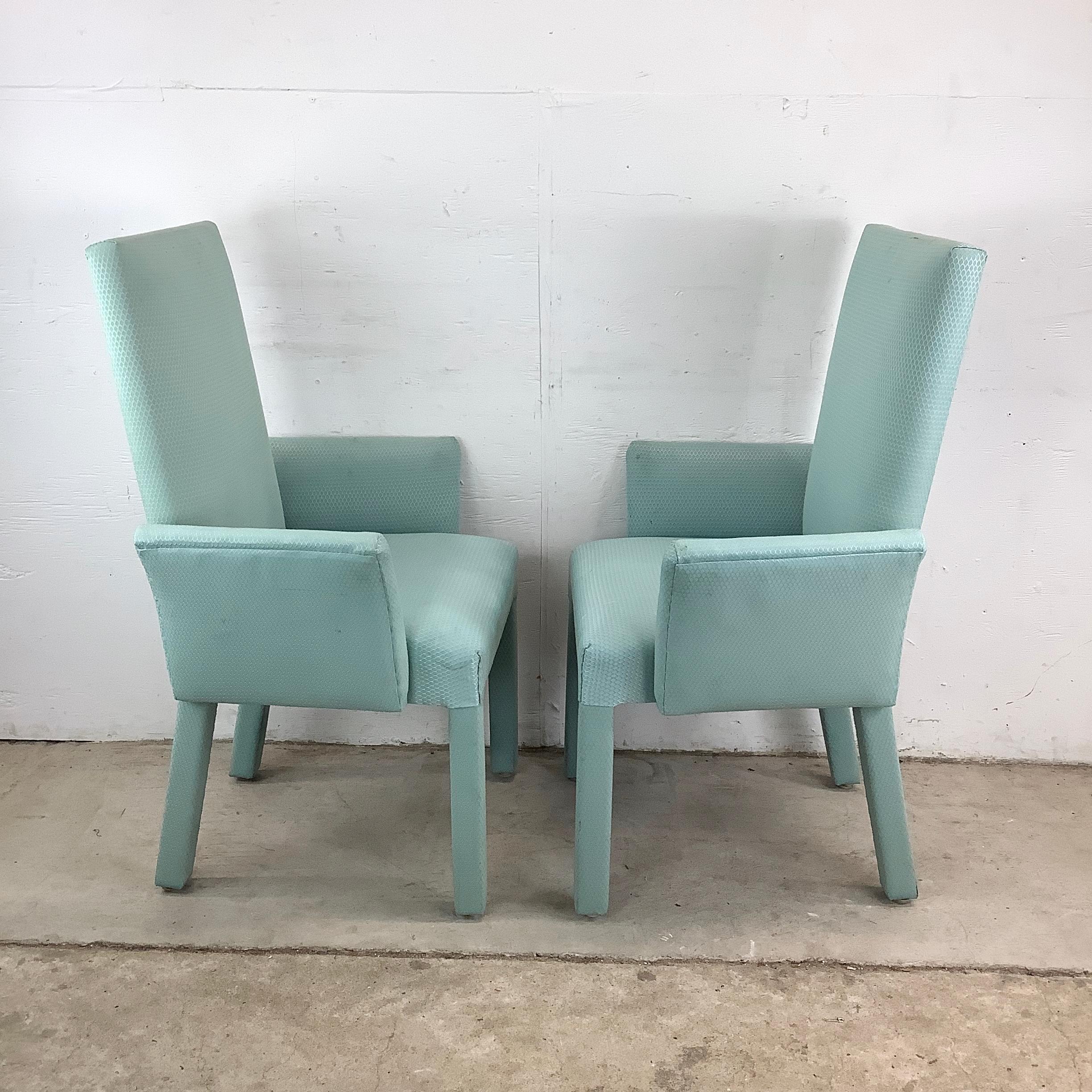 Pair of Postmodern Upholstered Armchairs in Aqua For Sale 2