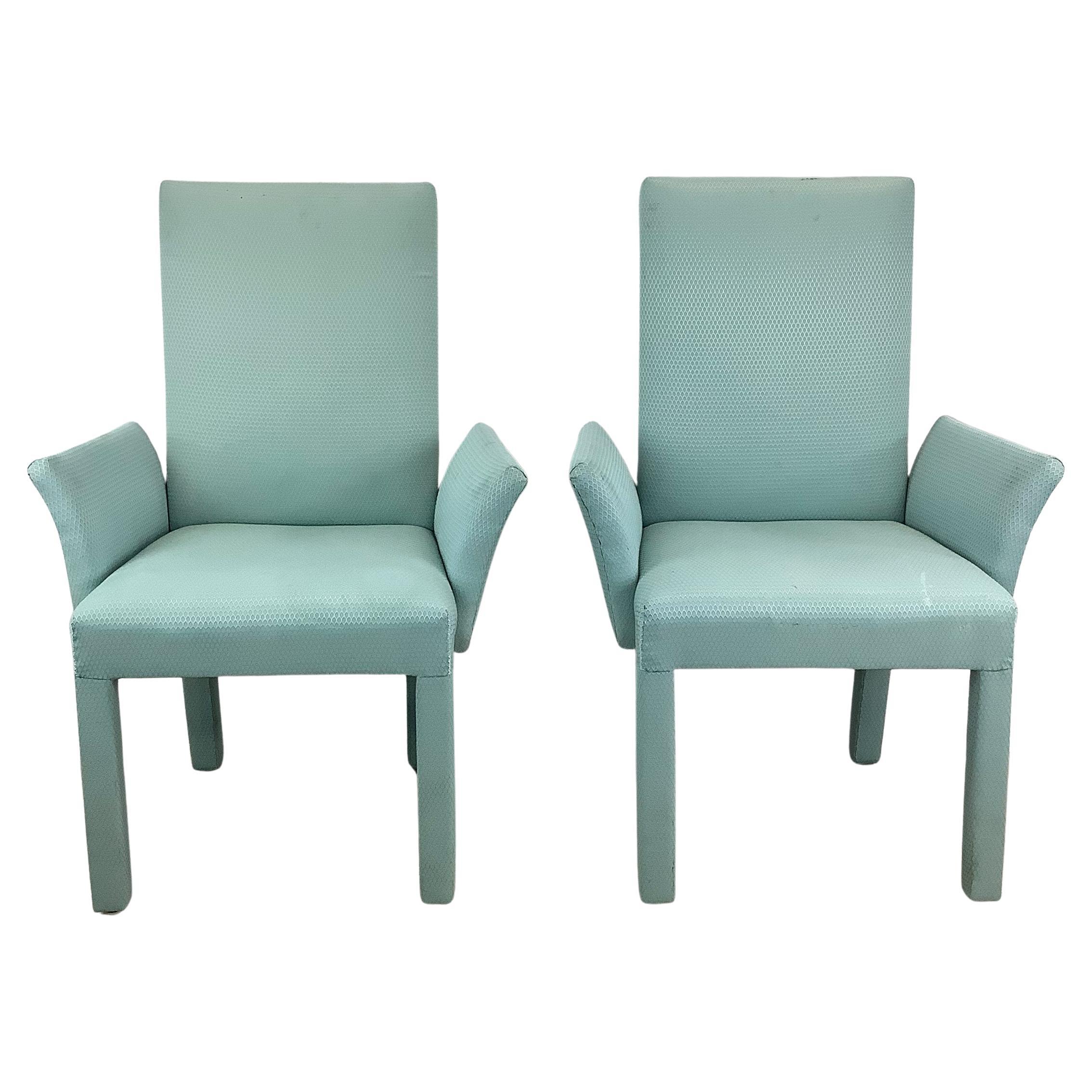 Pair of Postmodern Upholstered Armchairs in Aqua For Sale
