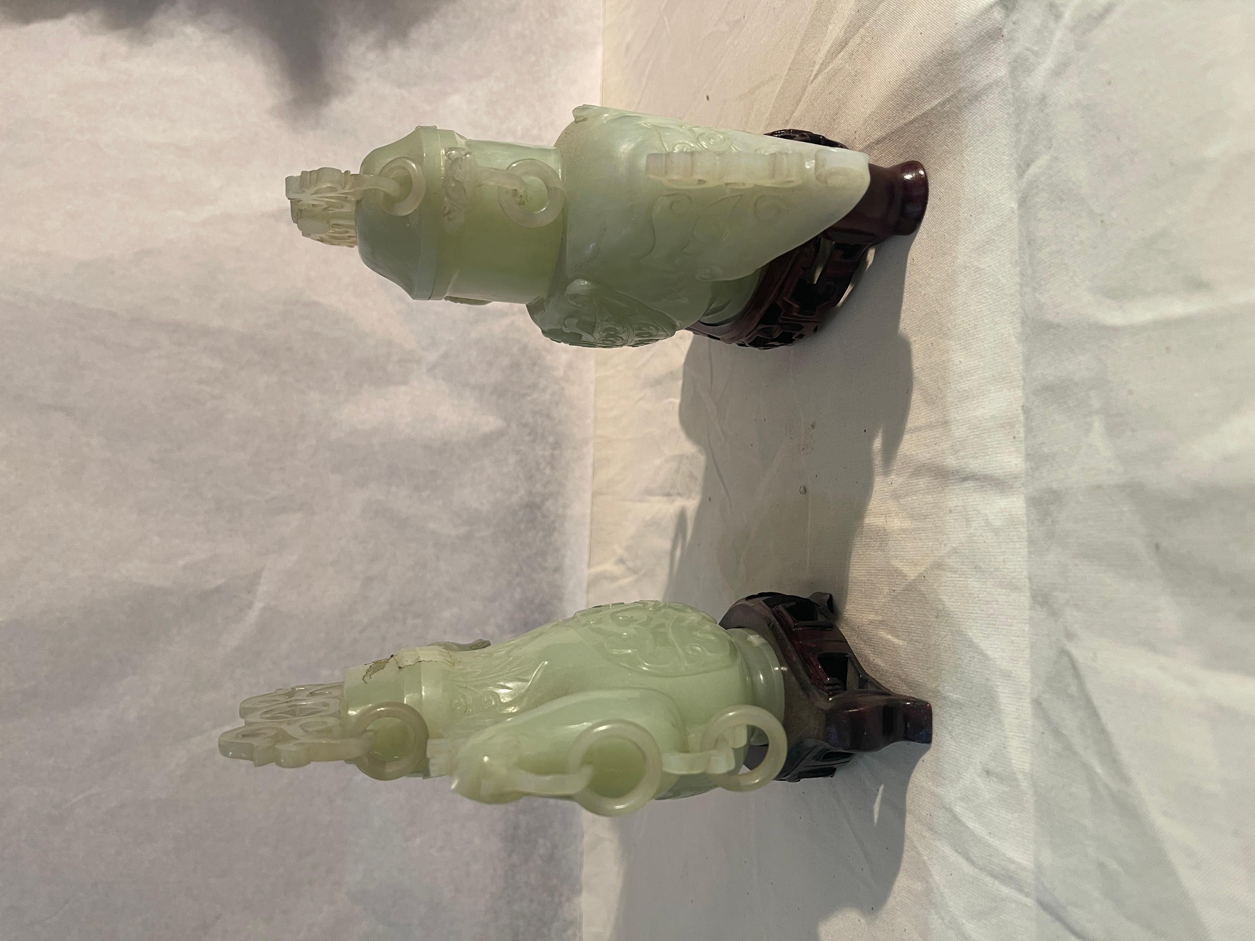 Hand-Carved Pair of potiche vases, jade, Dragon and Rooster, 19th century For Sale
