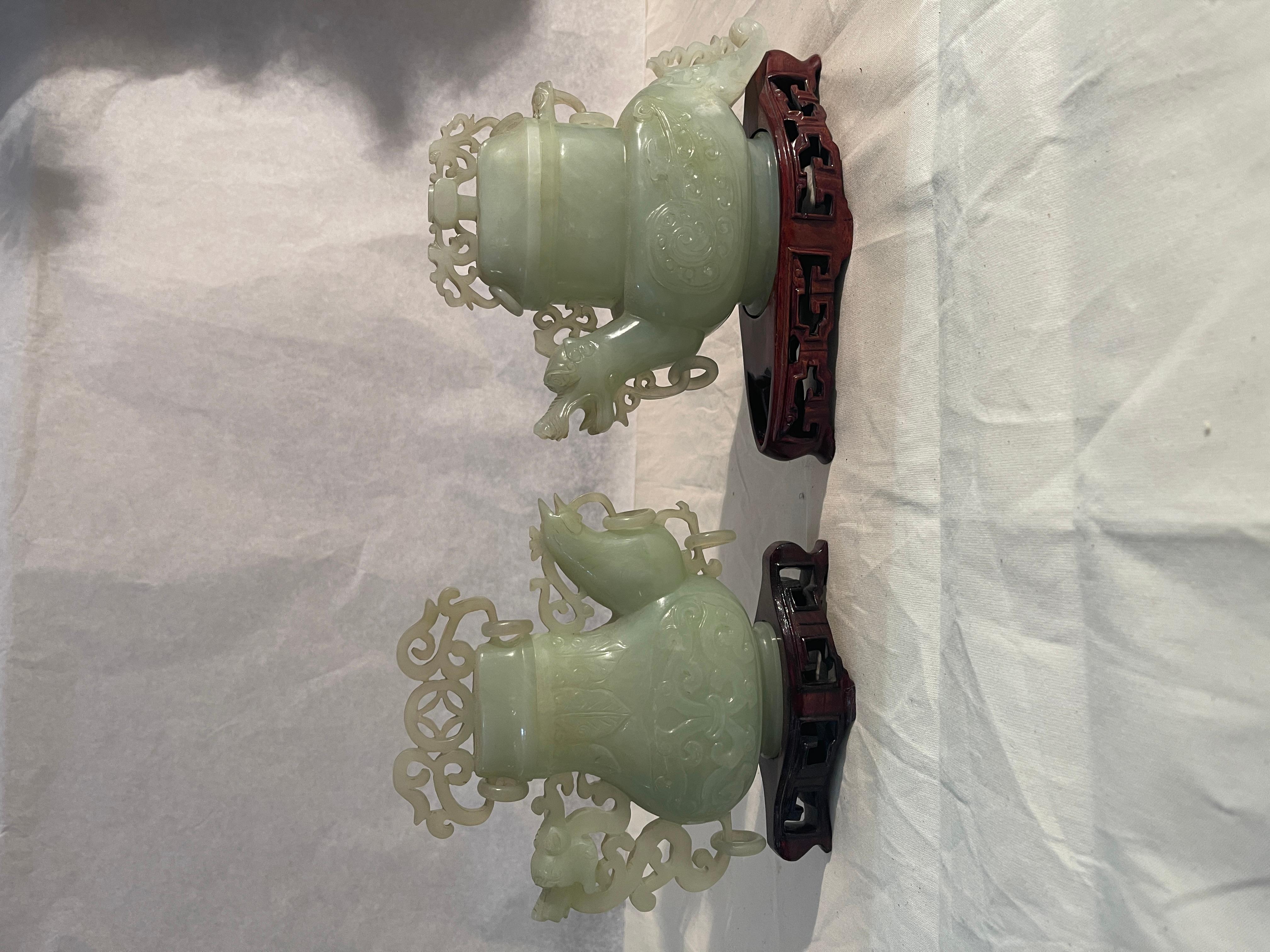 Pair of potiche vases, jade, Dragon and Rooster, 19th century In Excellent Condition For Sale In Monza, IT