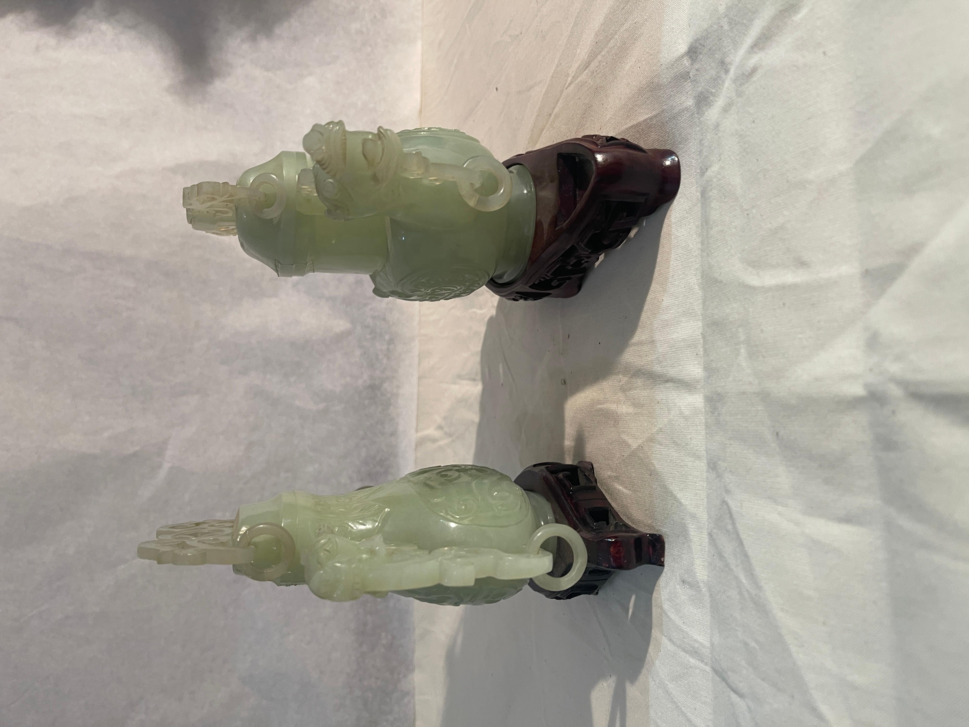 19th Century Pair of potiche vases, jade, Dragon and Rooster, 19th century For Sale
