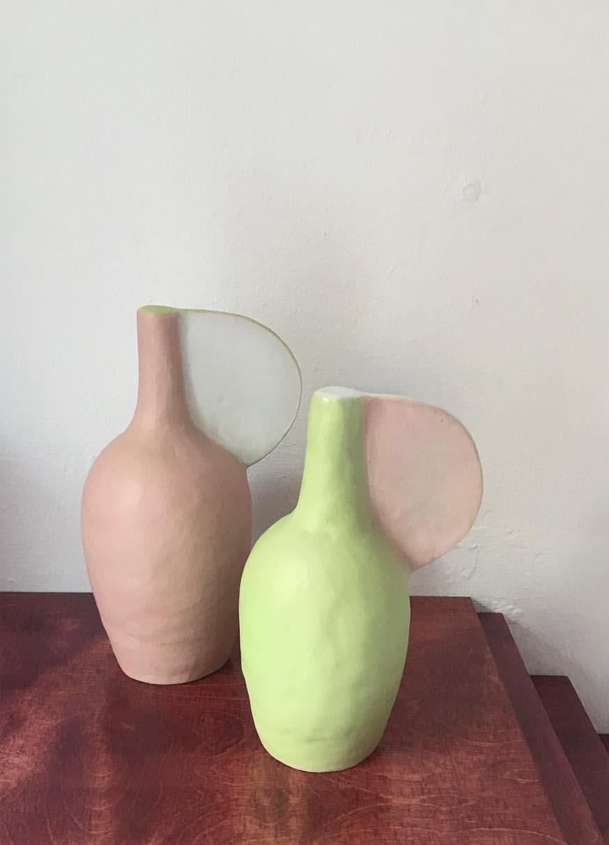 Pair of potion bottle vases by Maria Lenskjold
Dimensions: 
H 26 cm
H 23 cm
Materials: Stoneware

Maria Lenskjold’s practice is based on a consistent principle; to investigate and interact with the common pictorial artistic categories and