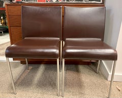 Pair of Potocco Italy Italian Brown Leather Dining Chairs