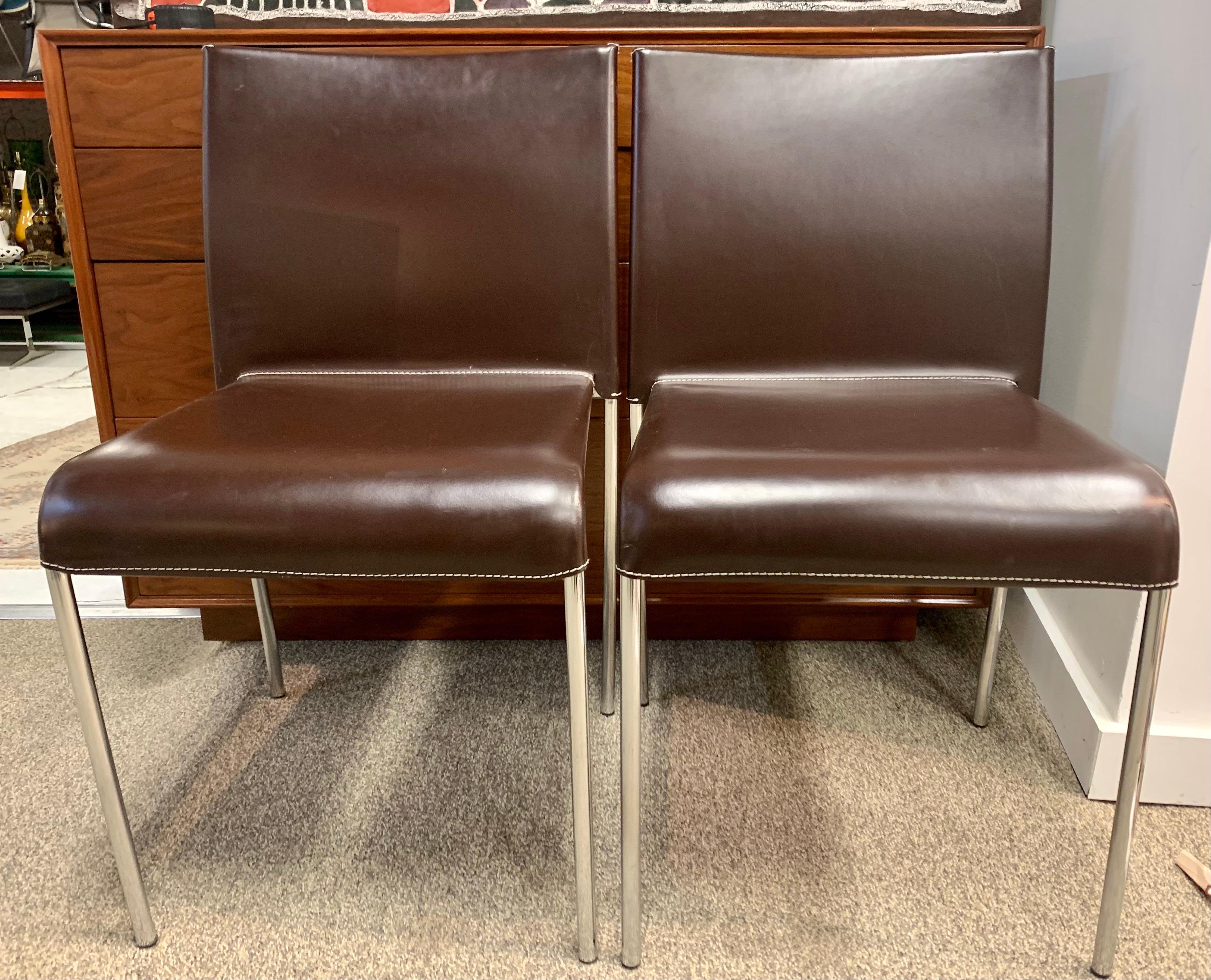 Mid-Century Modern Pair of Potocco Italy Italian Brown Leather Dining Chairs