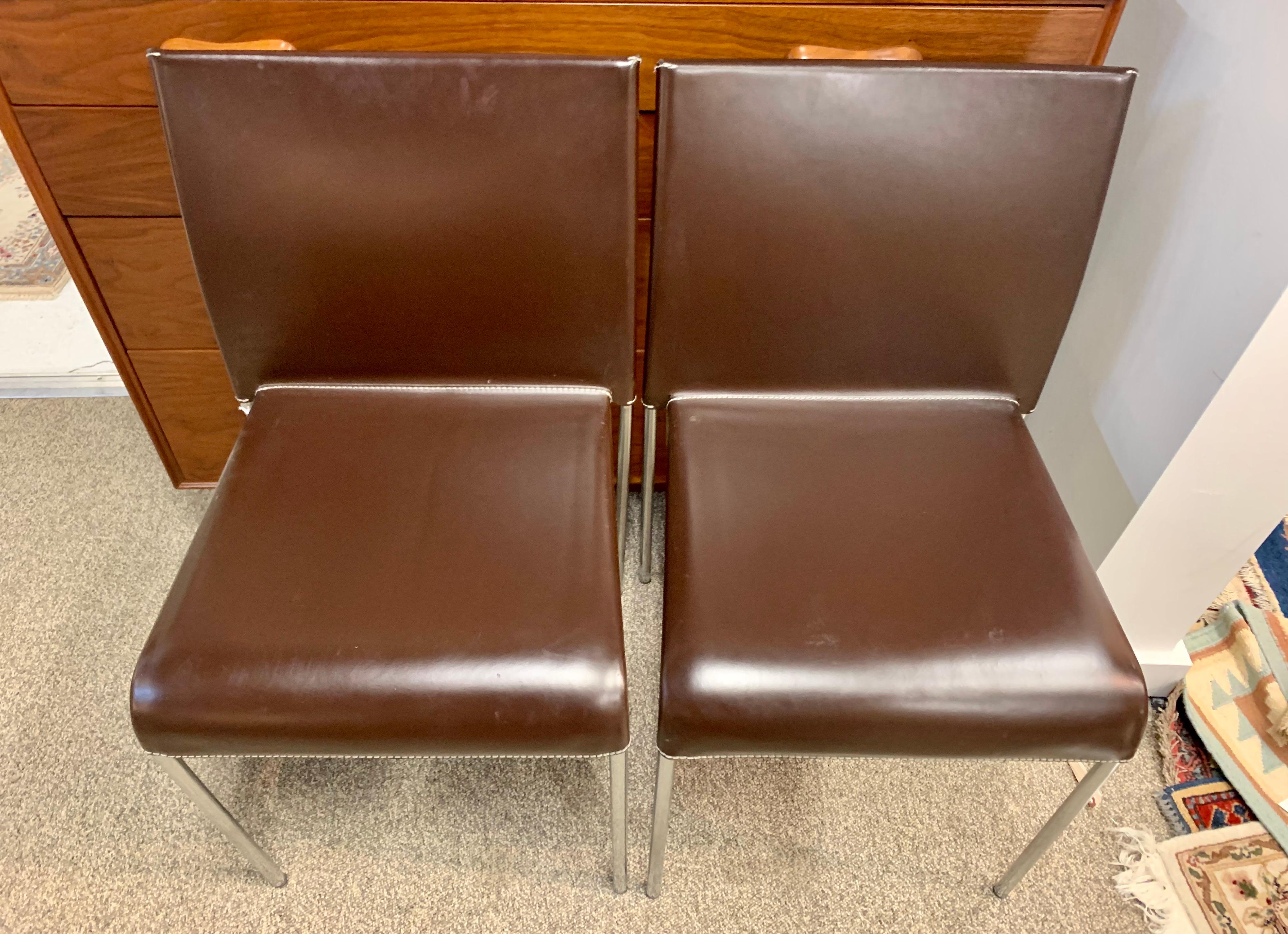 Pair of Potocco Italy Italian Brown Leather Dining Chairs In Good Condition In West Hartford, CT