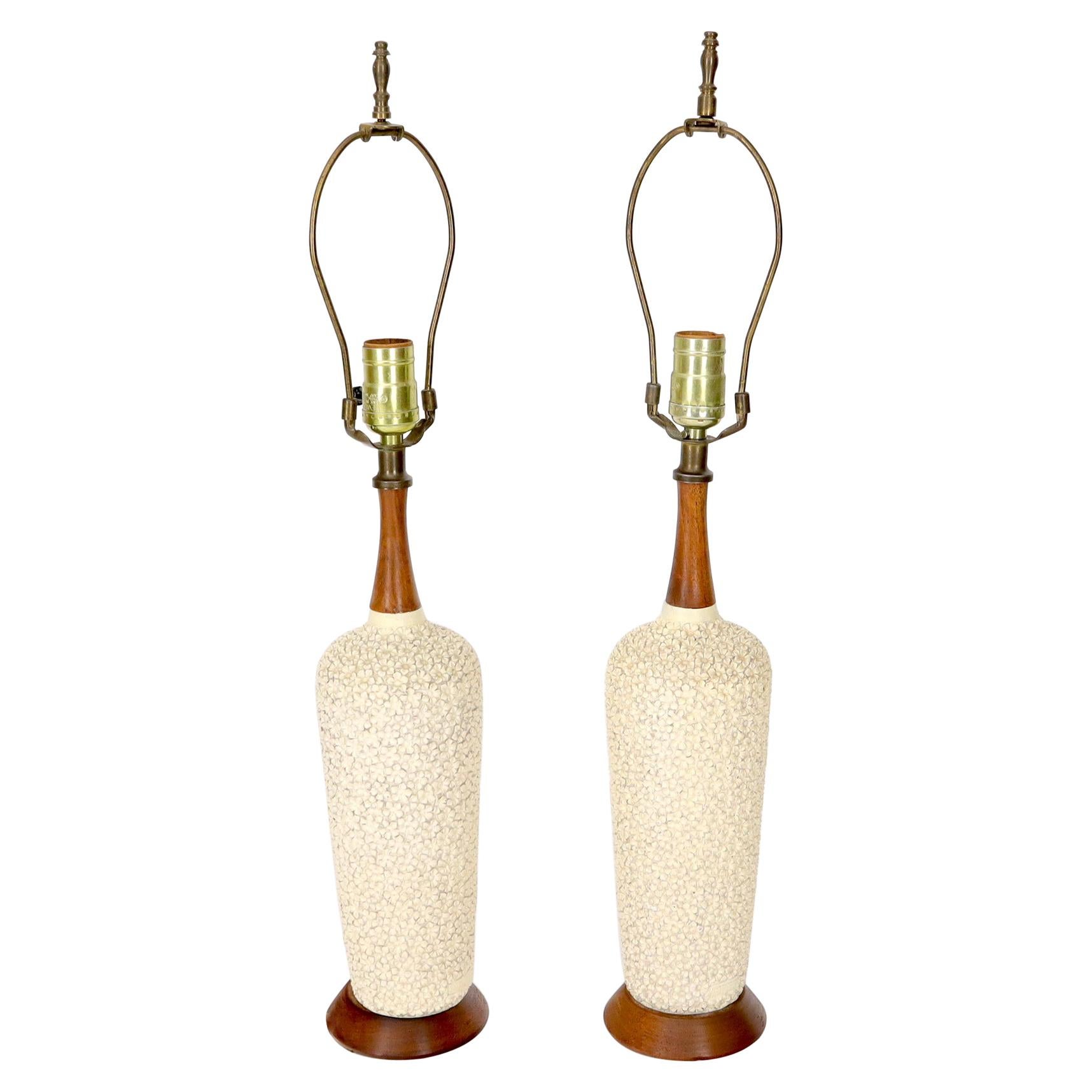 Pair of Pottery and Walnut Mid-Century Modern Table Lamps
