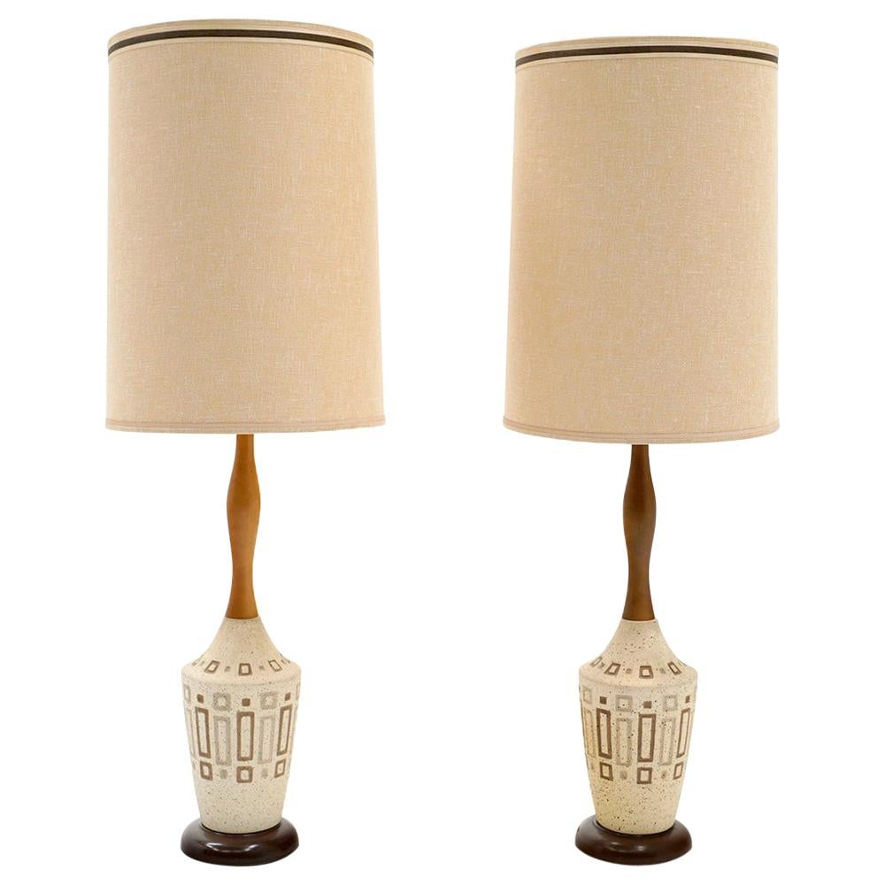 Pair of Pottery and Walnut Table Lamps, 1960s, with Original Shades For Sale