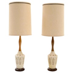 Pair of Pottery and Walnut Table Lamps, 1960s, with Original Shades