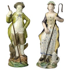 Antique Pair of Pottery Figures of a Shepherd and Shepherdess by Ralph Wood Pottery