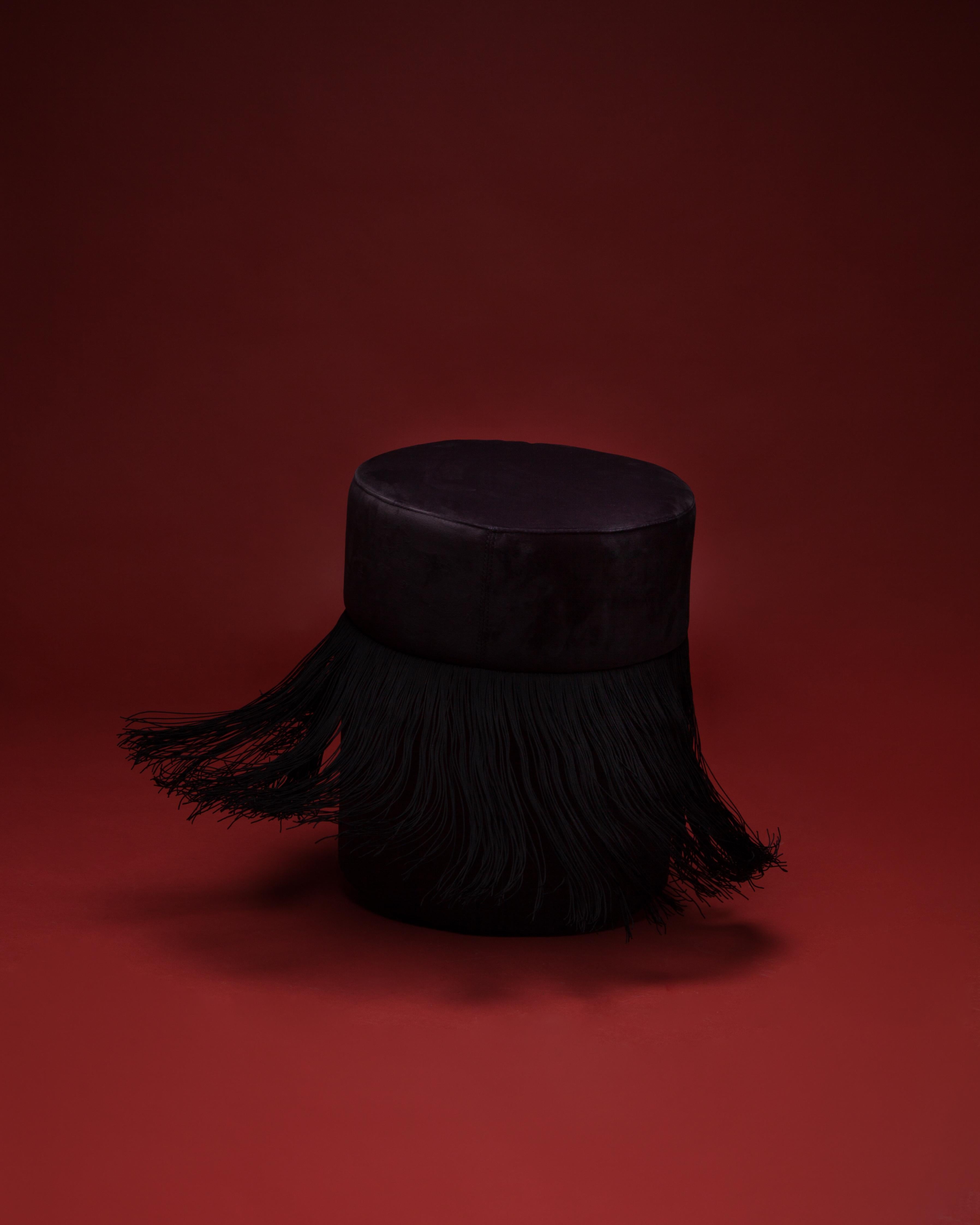 Spanish Pair of Pouf Pill Small and Large Black in Velvet Upholstery and Fringes For Sale