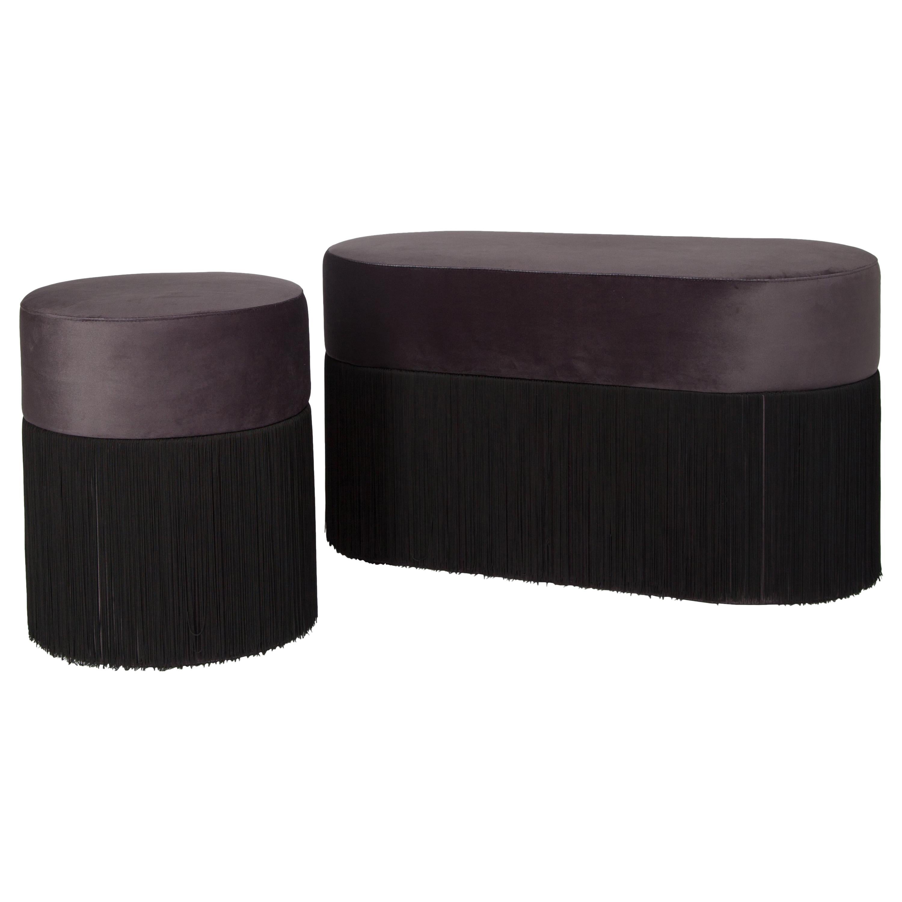 Pair of Pouf Pill Small and Large Black in Velvet Upholstery and Fringes For Sale