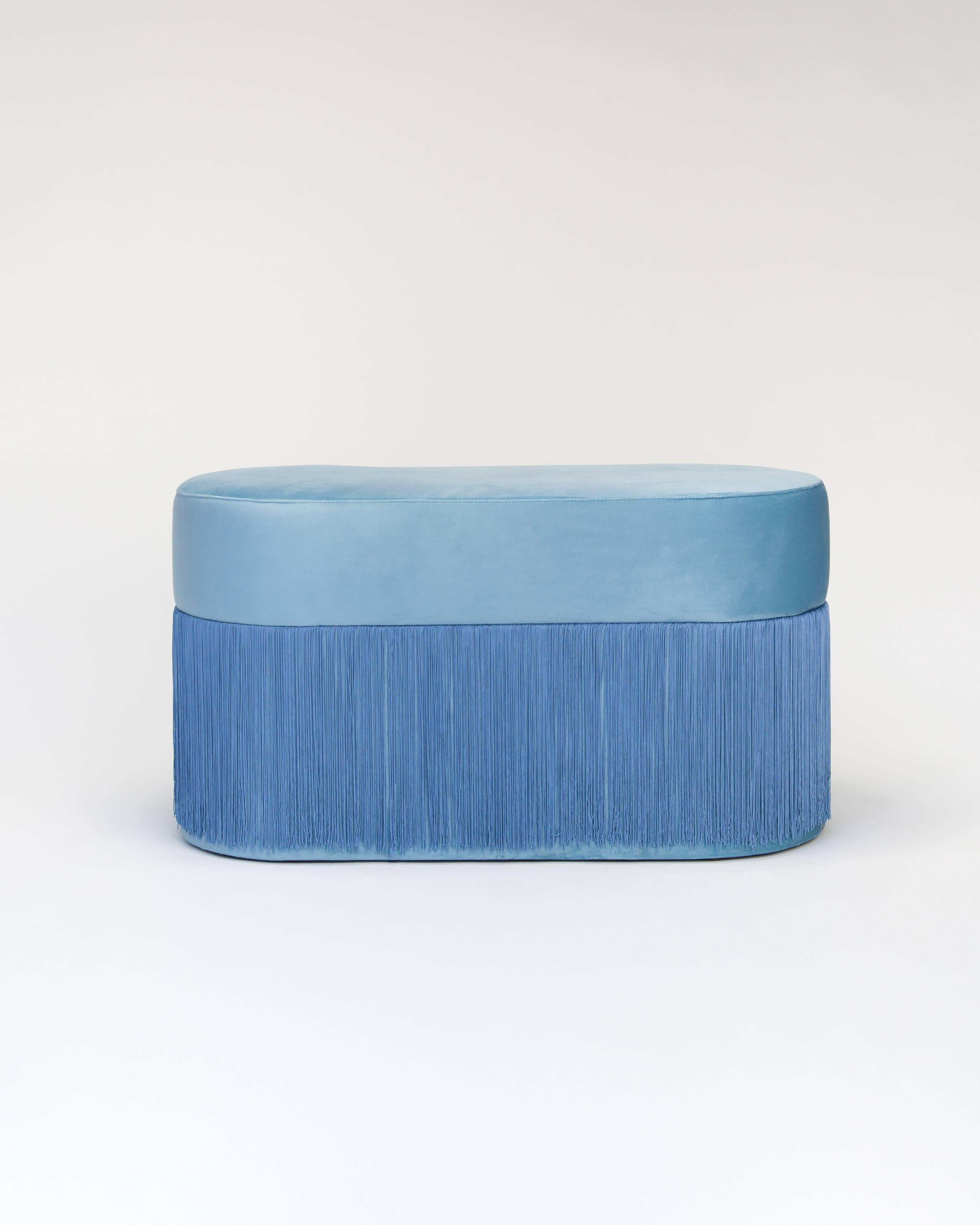 Pair of Pouf Pill Small and Large Blue in Velvet Upholstery and Fringes In New Condition For Sale In Firenze, IT