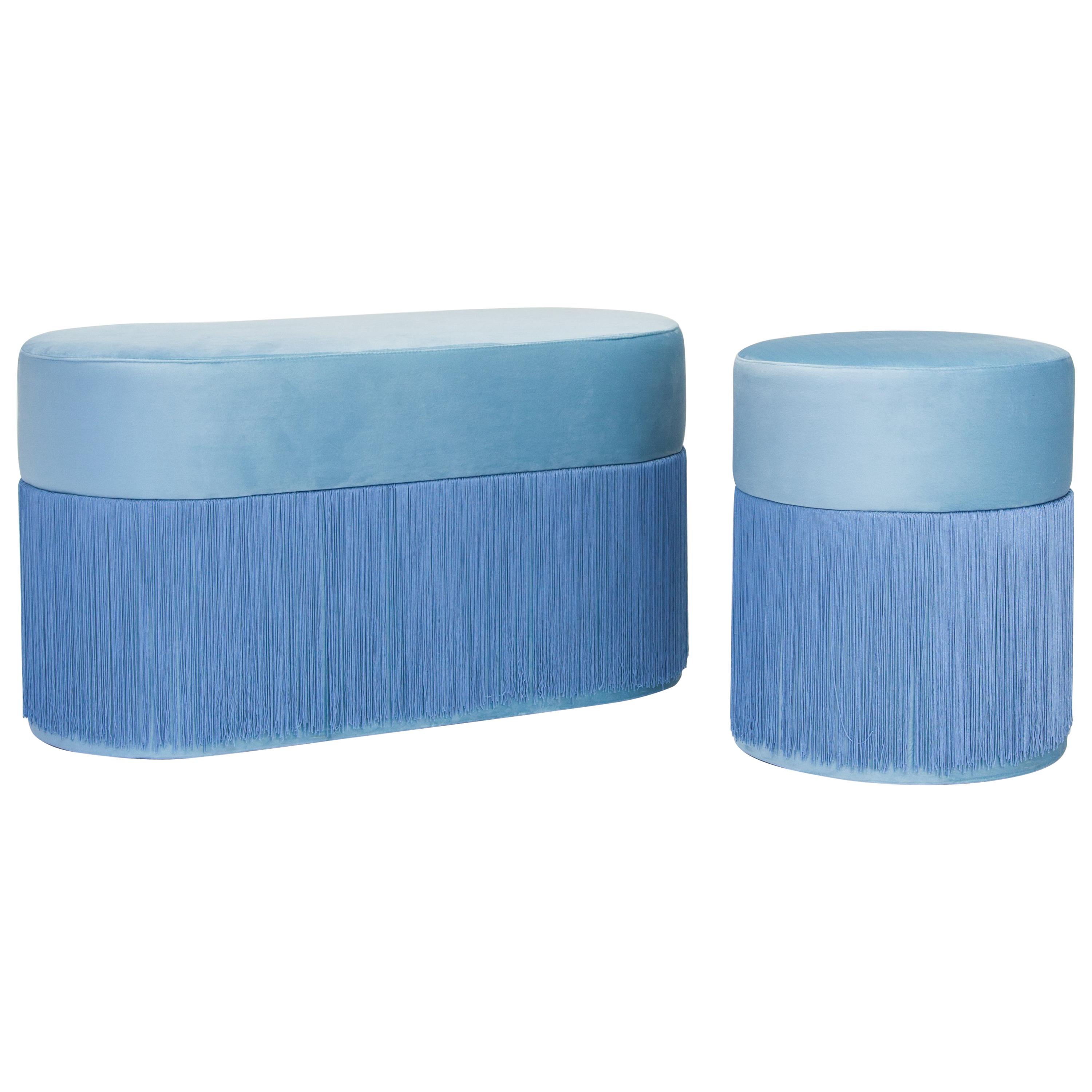 Pair of Pouf Pill Small and Large Blue in Velvet Upholstery and Fringes For Sale