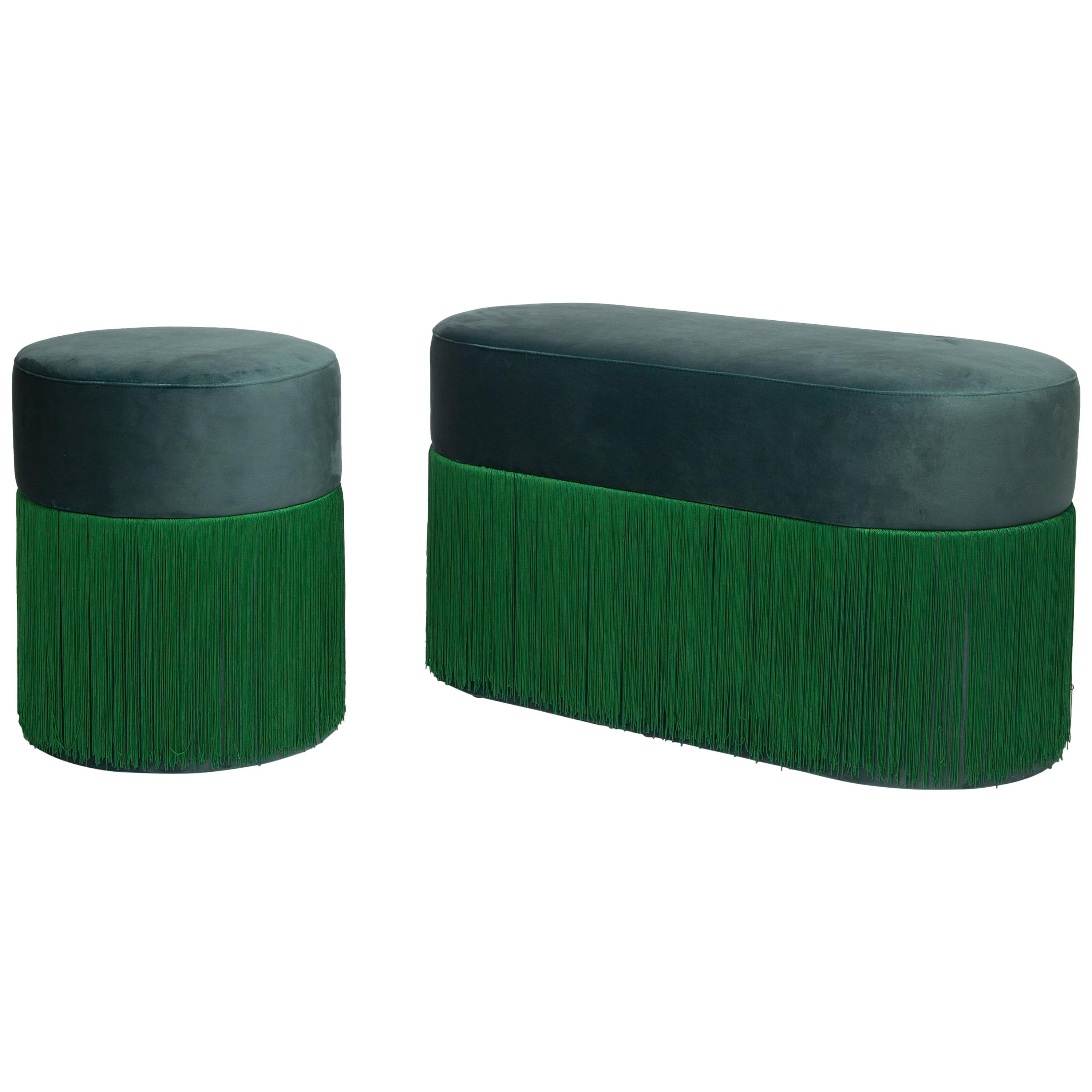 Pair of Pouf Pill Small and Large Emerald Green in Velvet Upholstery and Fringes im Angebot