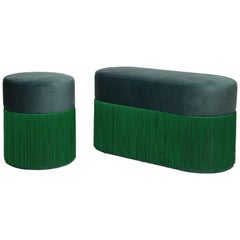 Pair of Pouf Pill Small and Large Emerald Green in Velvet Upholstery and Fringes