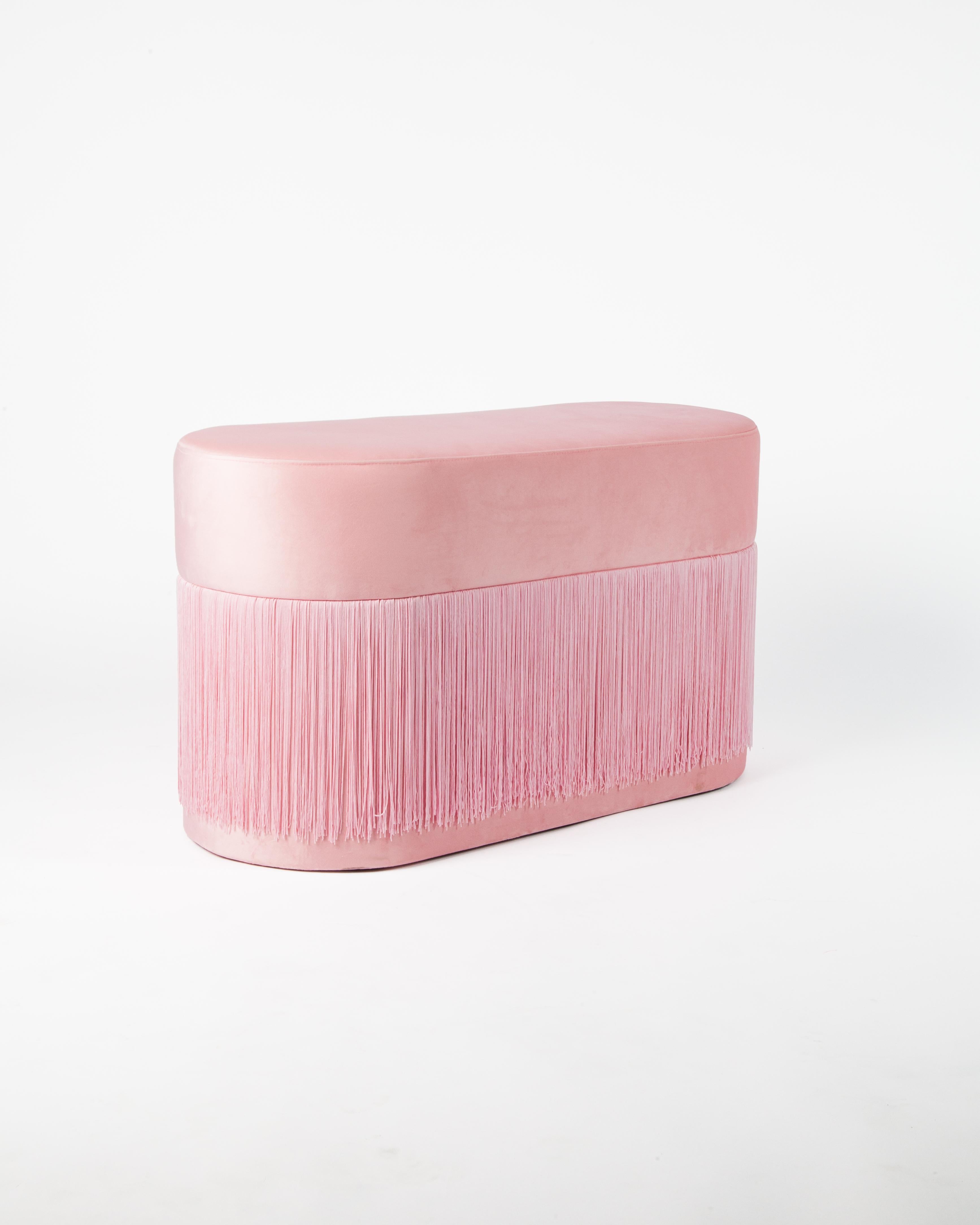 Pair of Pouf Pill Small and Large Pink in Velvet Upholstery and Fringes For Sale 1
