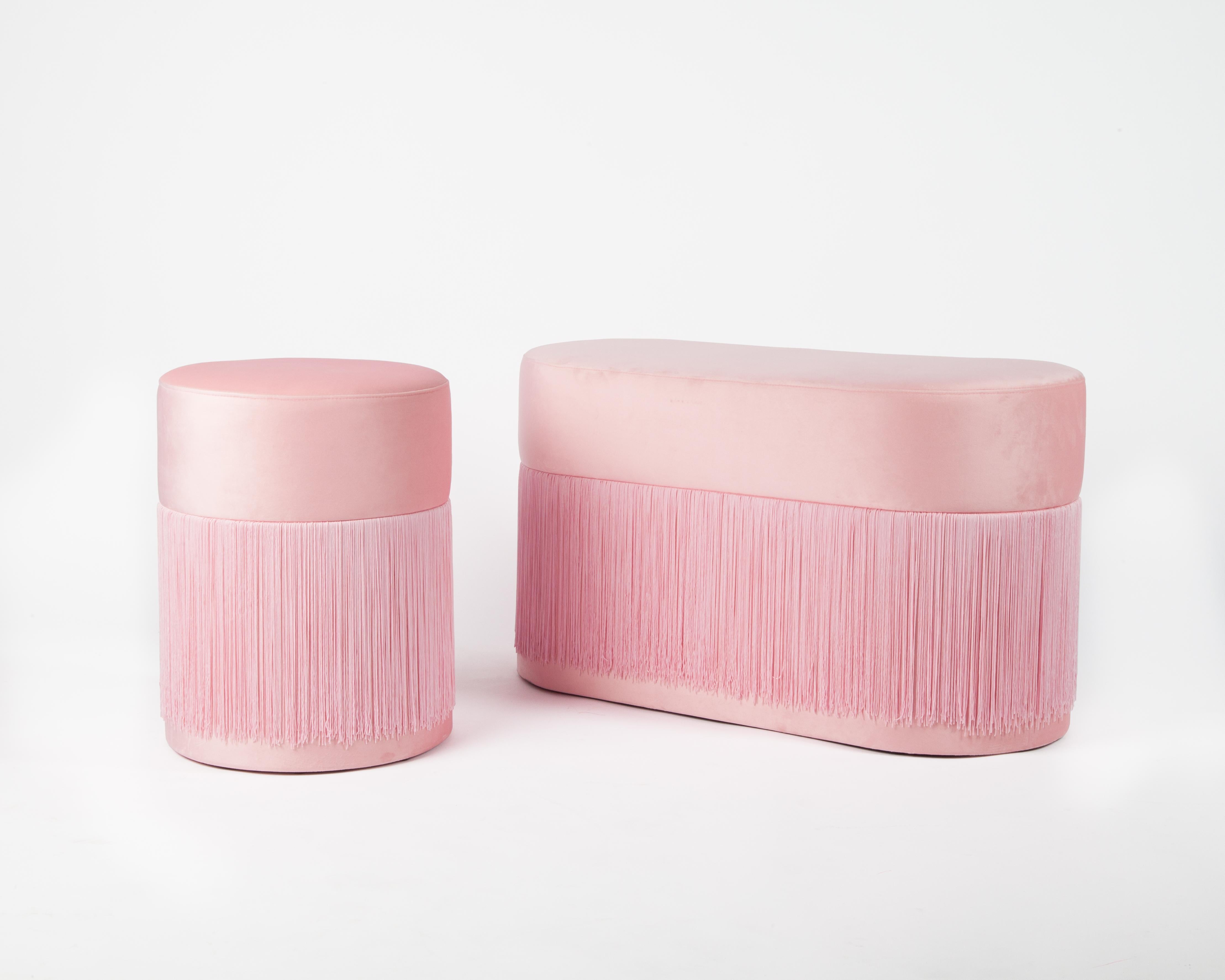 Pair of Pouf Pill Small and Large Pink in Velvet Upholstery and Fringes For Sale 2