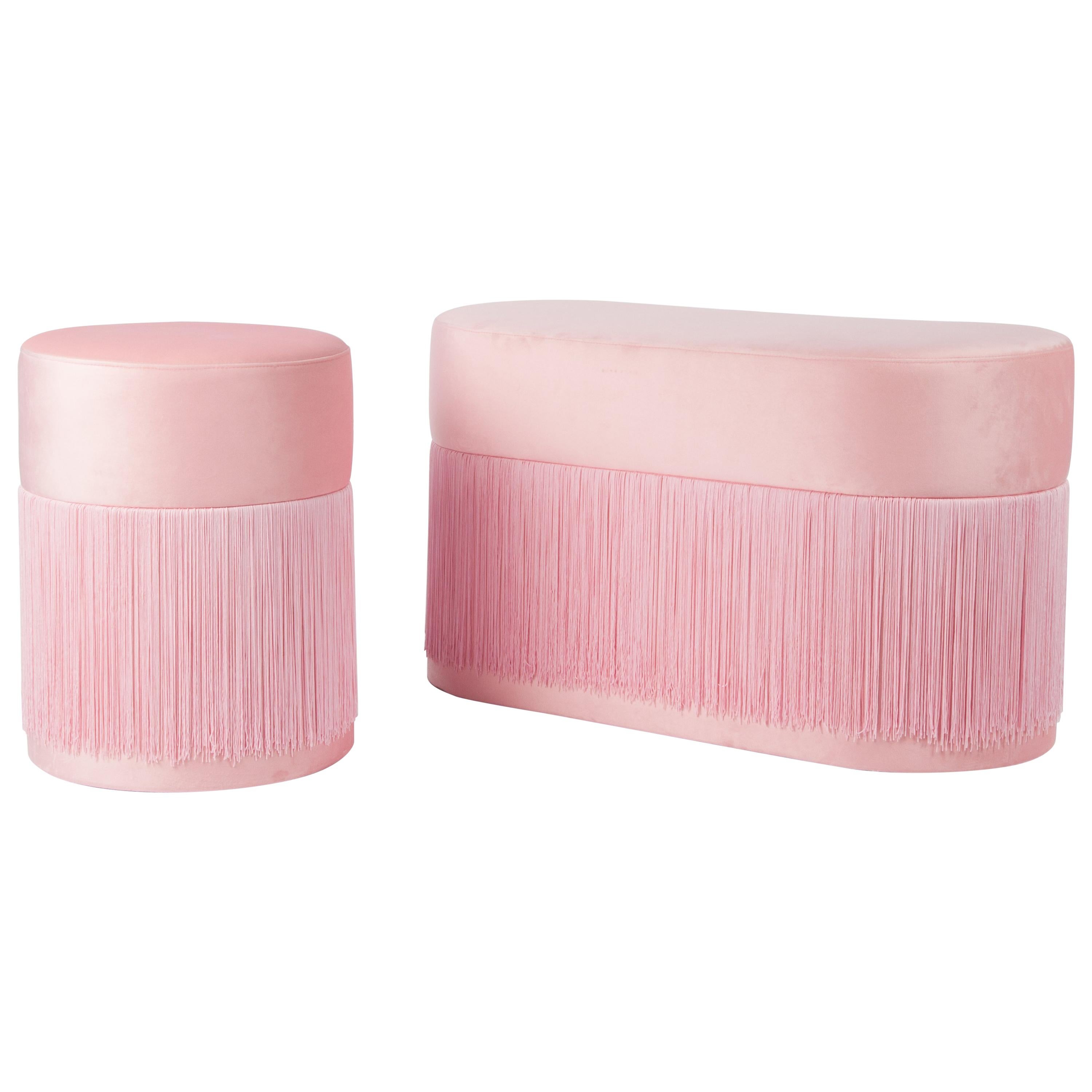 Pair of Pouf Pill Small and Large Pink in Velvet Upholstery and Fringes For Sale