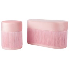 Pair of Pouf Pill Small and Large Pink in Velvet Upholstery and Fringes