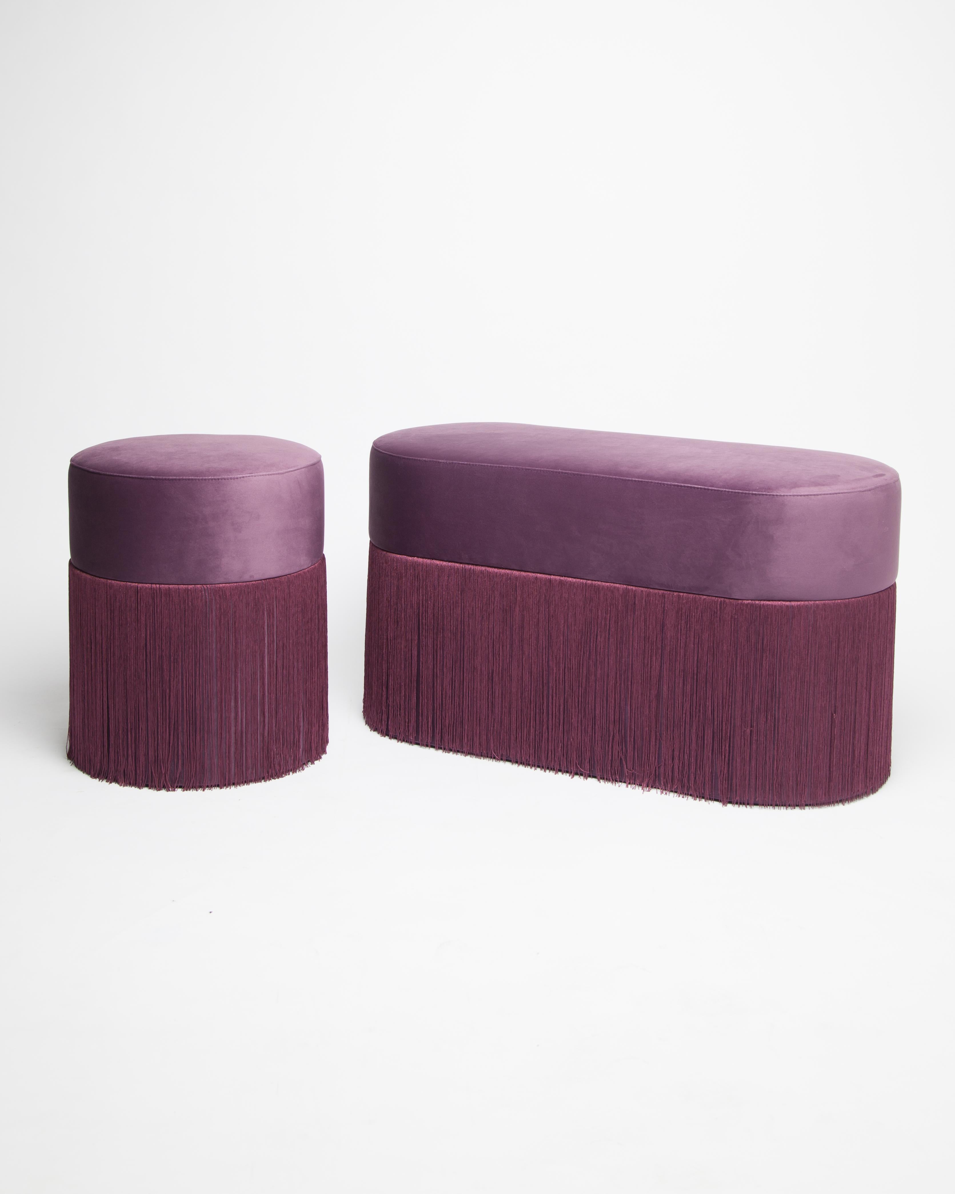 Contemporary Pair of Pouf Pill Small and Large Purple in Velvet Upholstery and Fringes For Sale