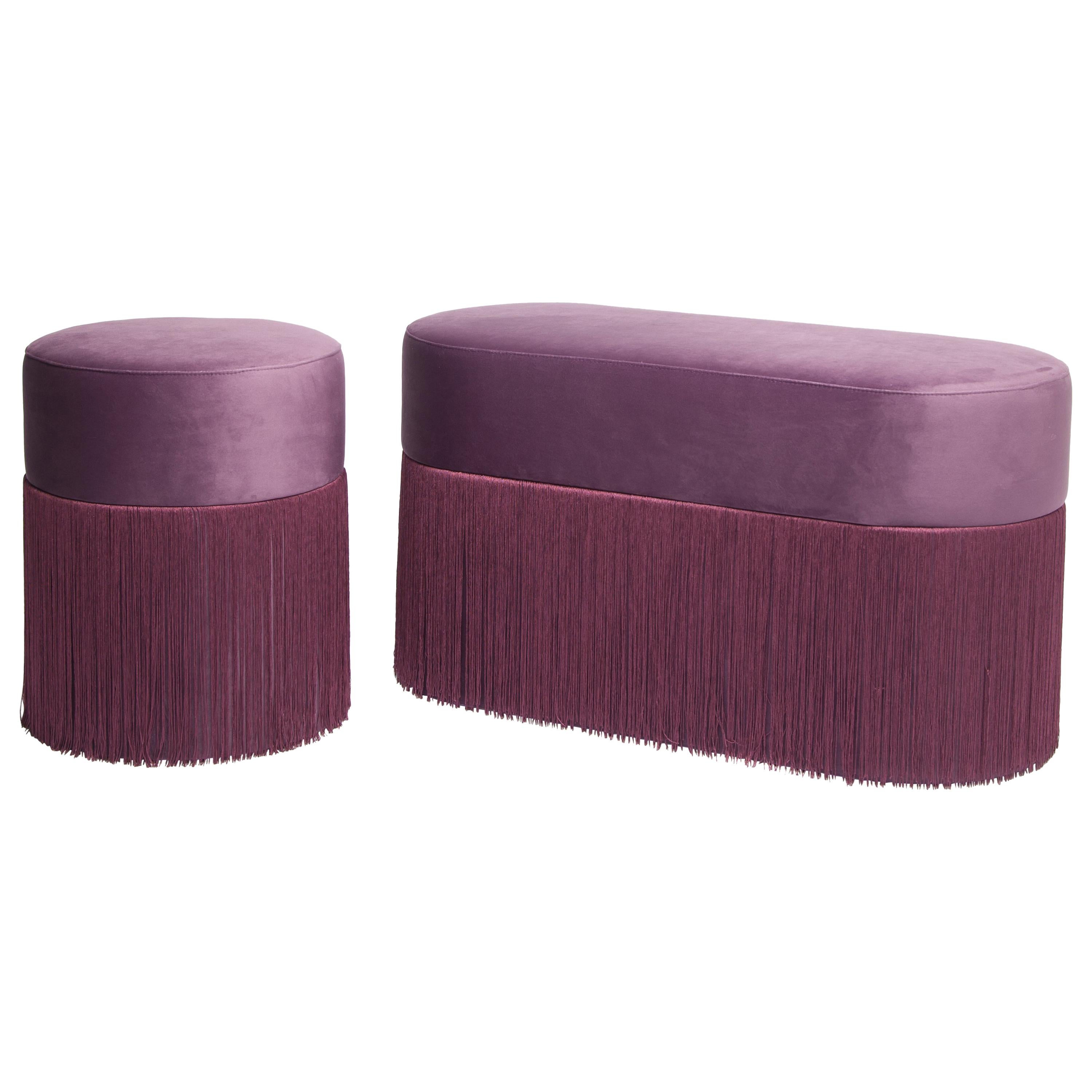 Pair of Pouf Pill Small and Large Purple in Velvet Upholstery and Fringes For Sale