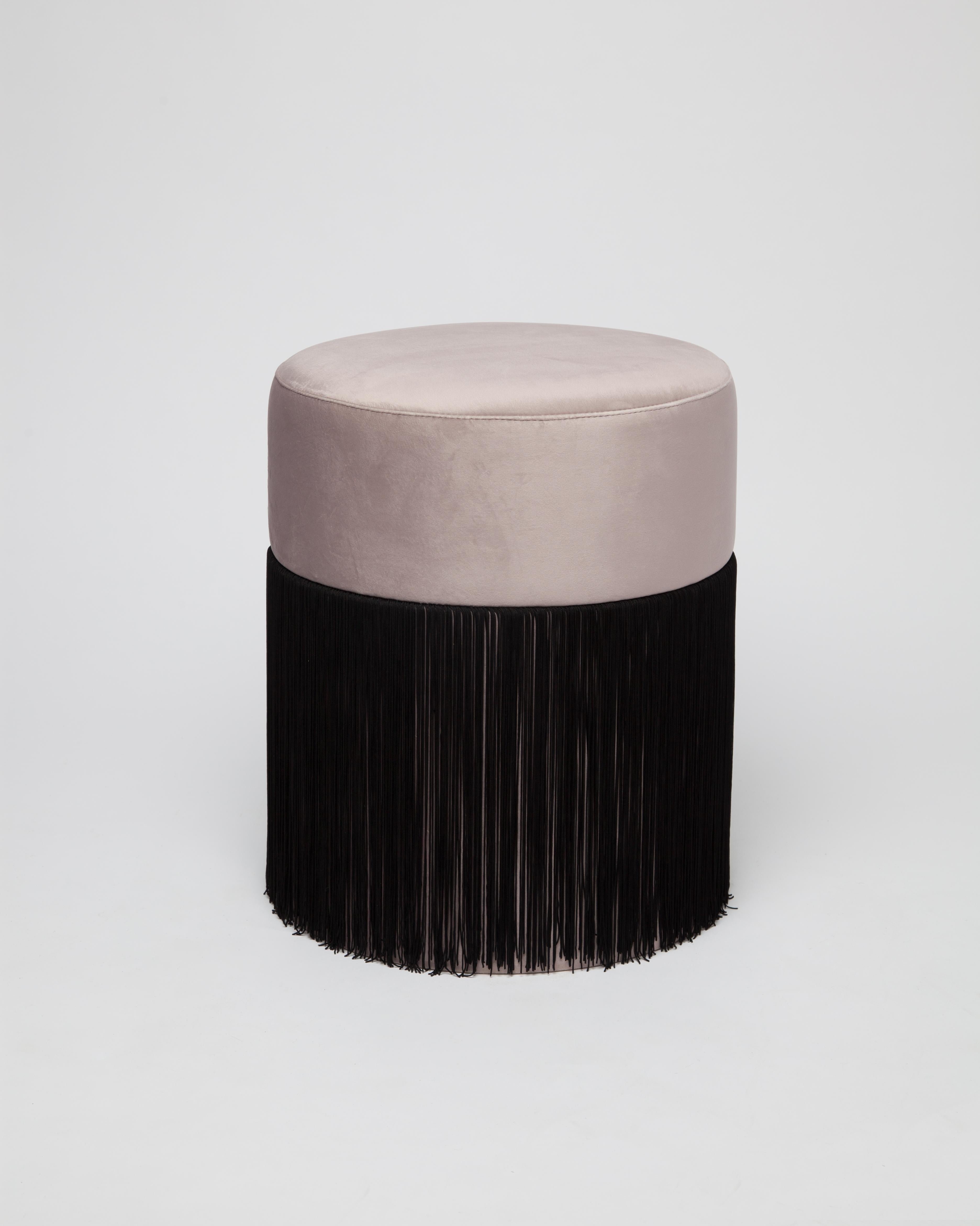 Contemporary Pair of Pouf Pill Small and Large Warm Grey in Velvet Upholstery and Fringes For Sale