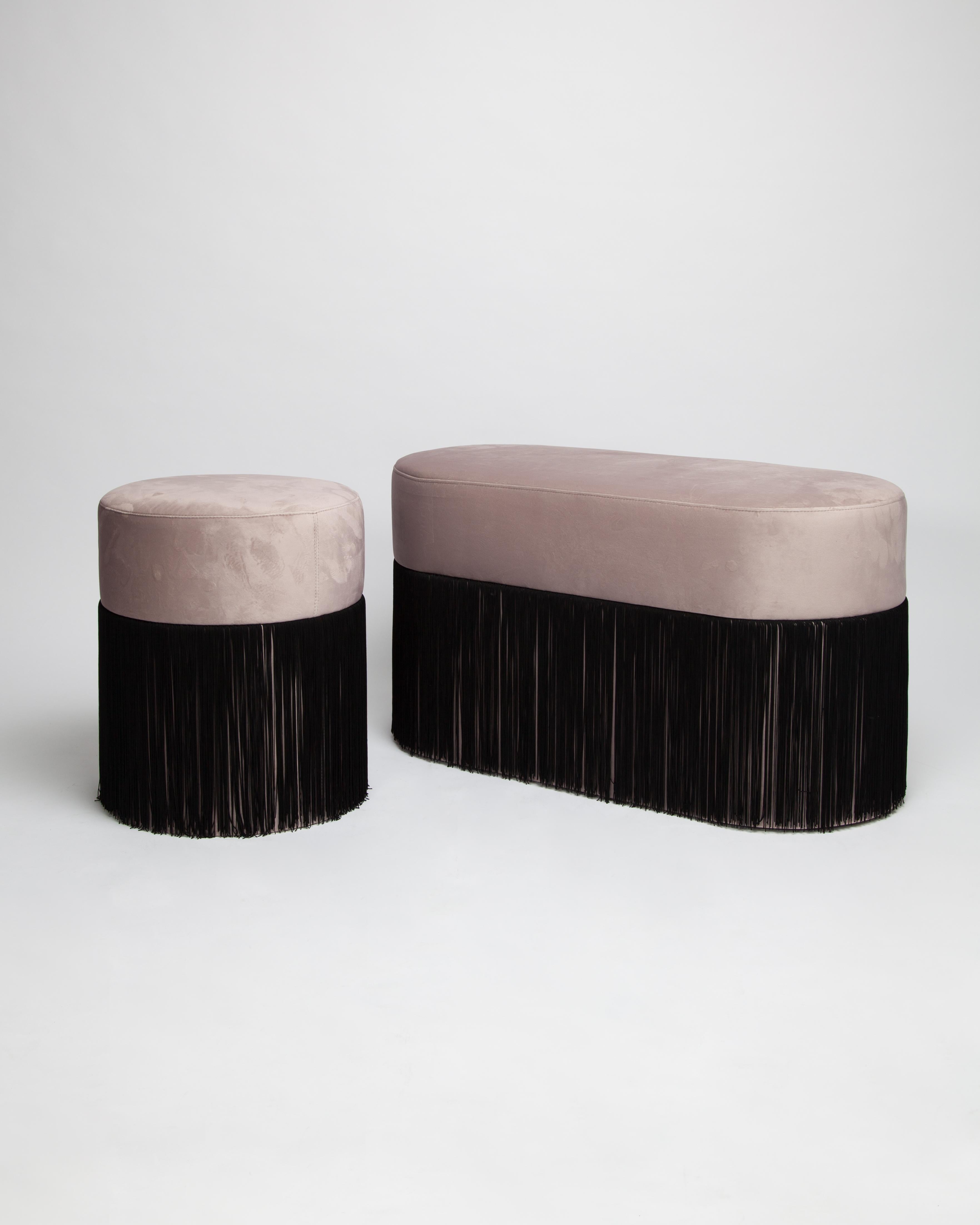 Pair of Pouf Pill Small and Large Warm Grey in Velvet Upholstery and Fringes For Sale 2