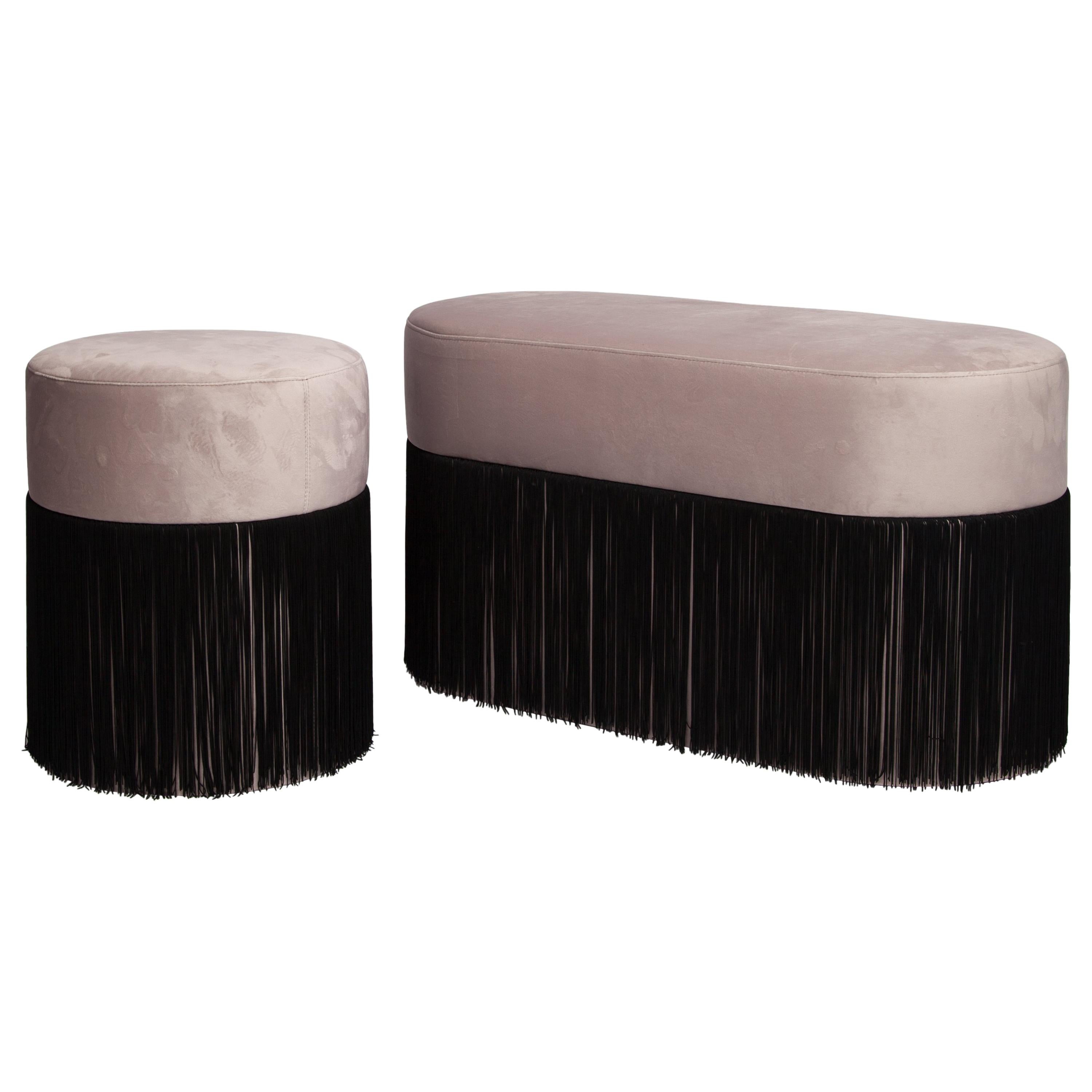 Pair of Pouf Pill Small and Large Warm Grey in Velvet Upholstery and Fringes For Sale