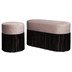 Pair of Pouf Pill Small and Large Warm Grey in Velvet Upholstery and Fringes